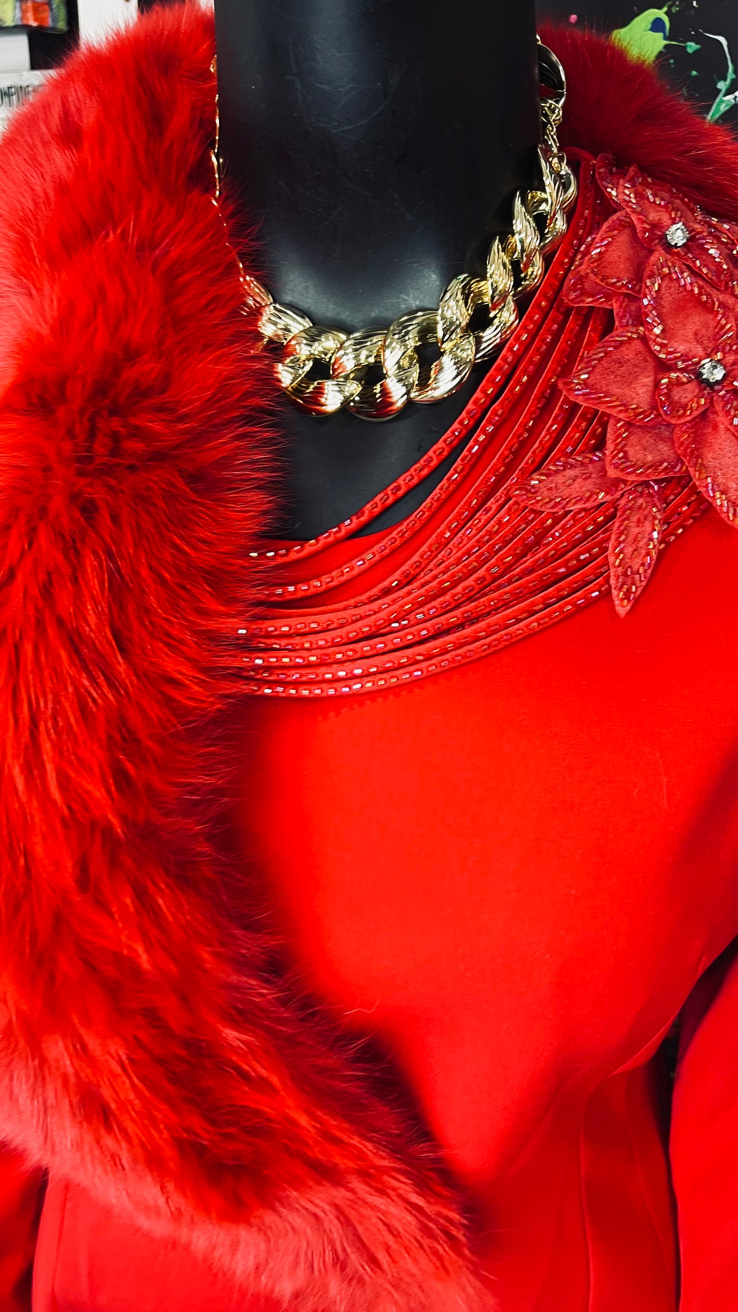 Vintage Couture Red Faux Fur Skirt Suit (20)