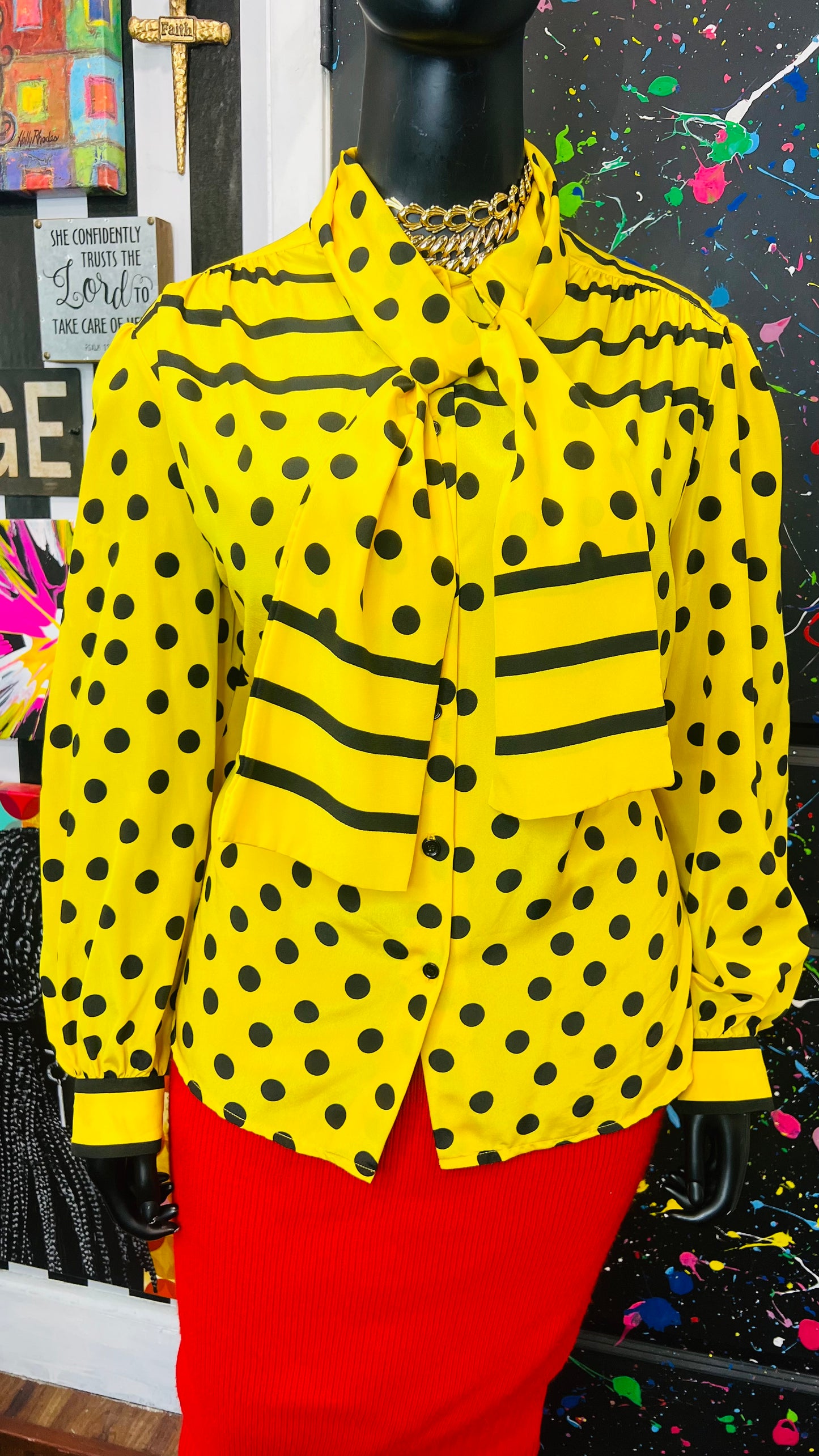 Vintage Yellow Stripes & Polka Dot Blouse (24W)