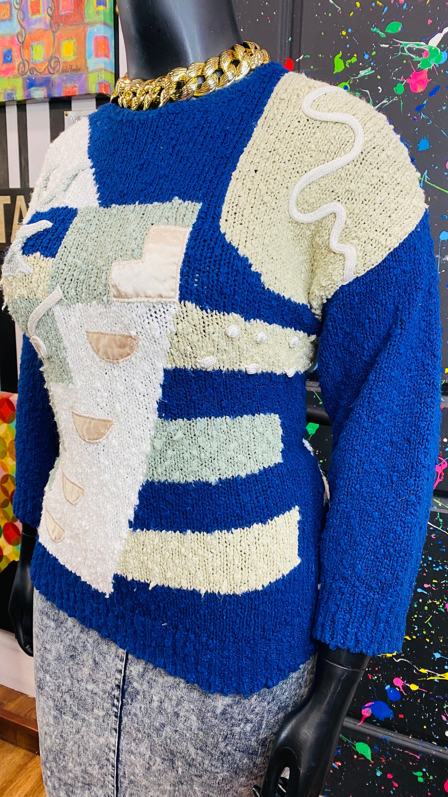 Vintage Abstract Navy Blue White & Beige Sweater (18)