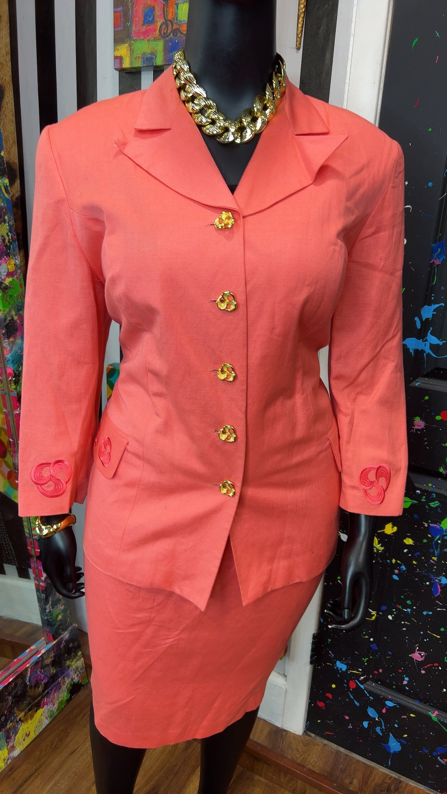 Vintage Salmon Skirt Suit w/ Gold Buttons (14)