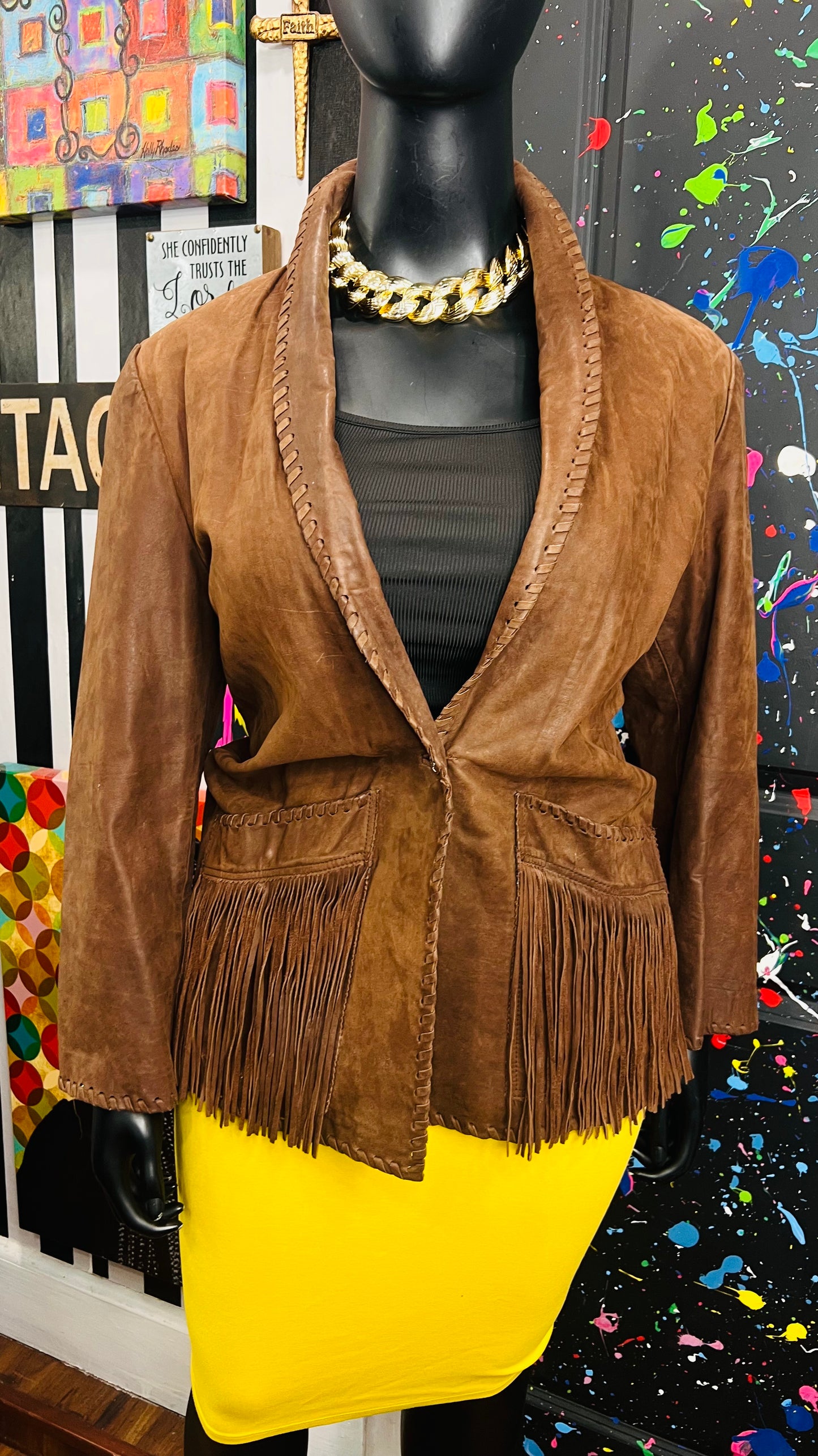 Vintage Genuine Leather Brown Fringe Blazer (18)