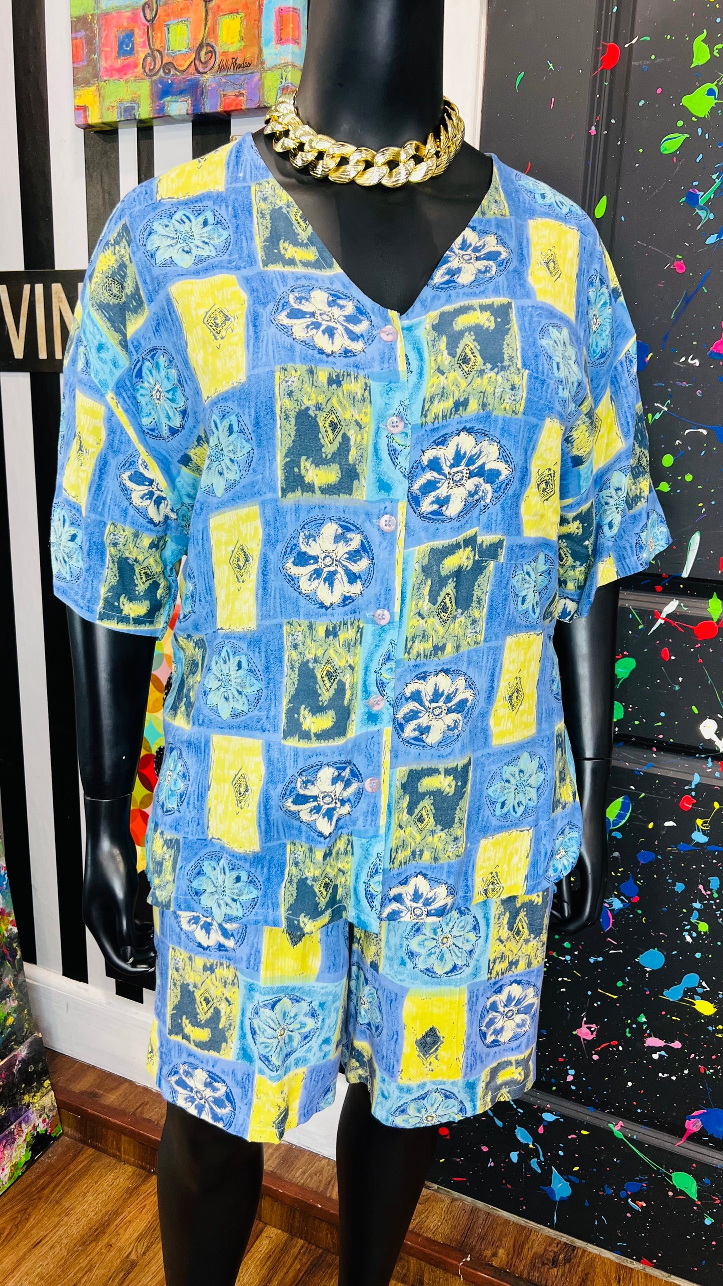 Vintage Rayon Abstract Shorts Set w/ Drawstring Waist (20)
