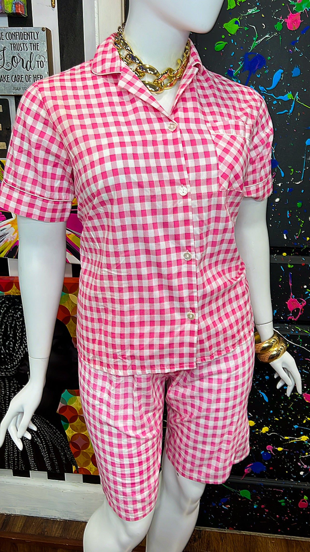 Vintage Pink & White Cotton Shorts Set (16)