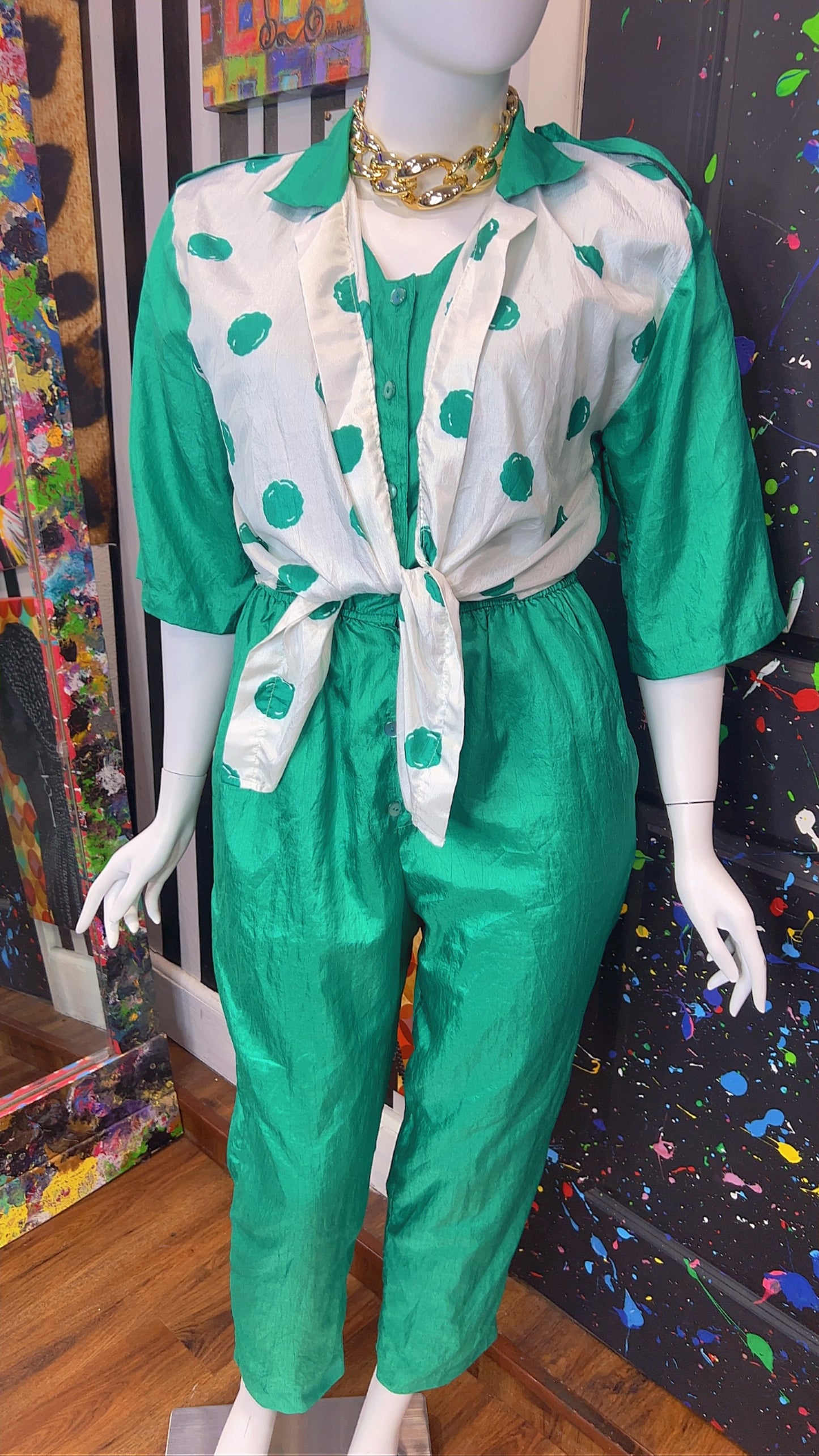 Vintage Green Jumpsuit w/ White & Green Polka Dots (14W)