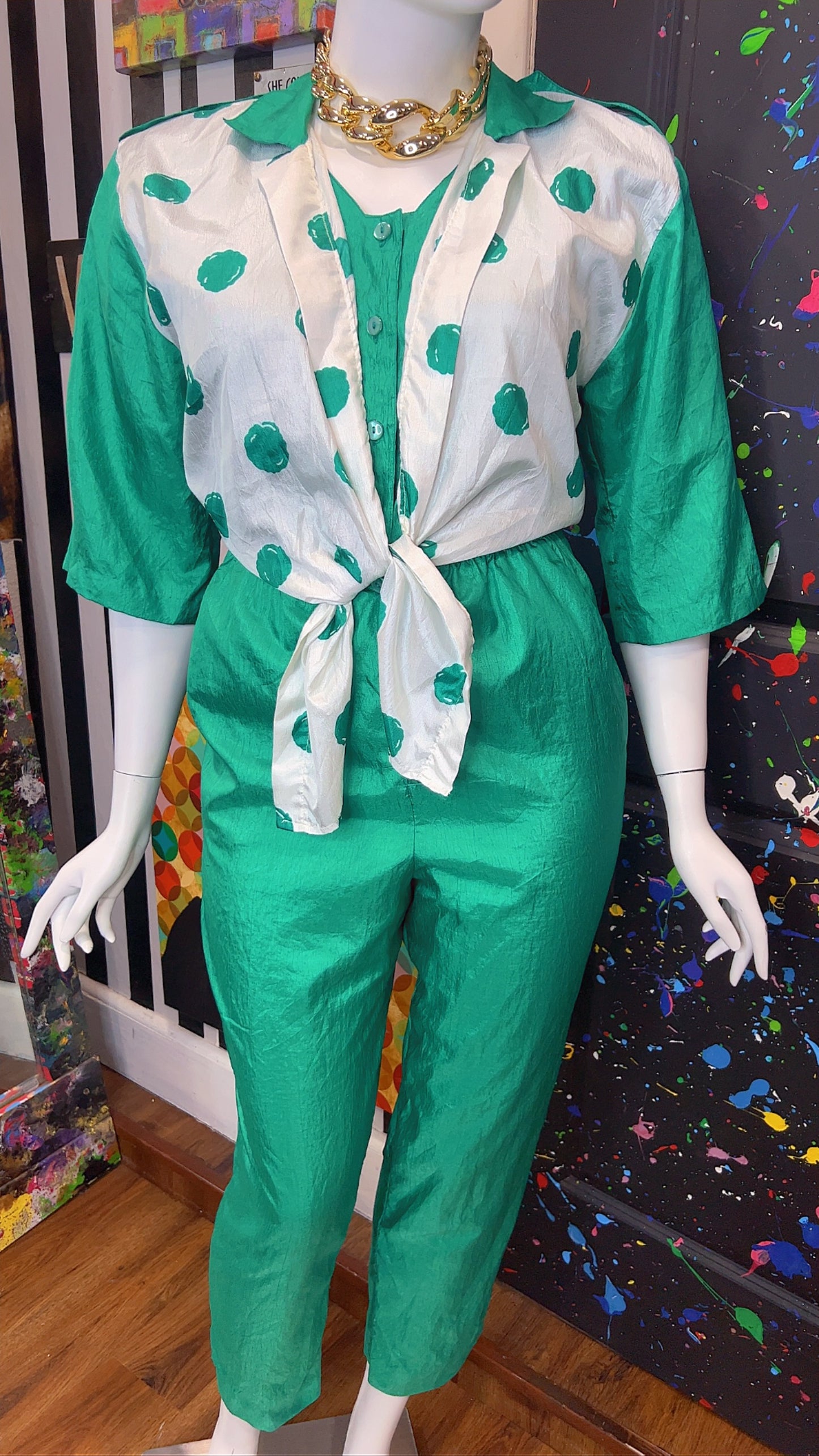 Vintage Green Jumpsuit w/ White & Green Polka Dots (14W)