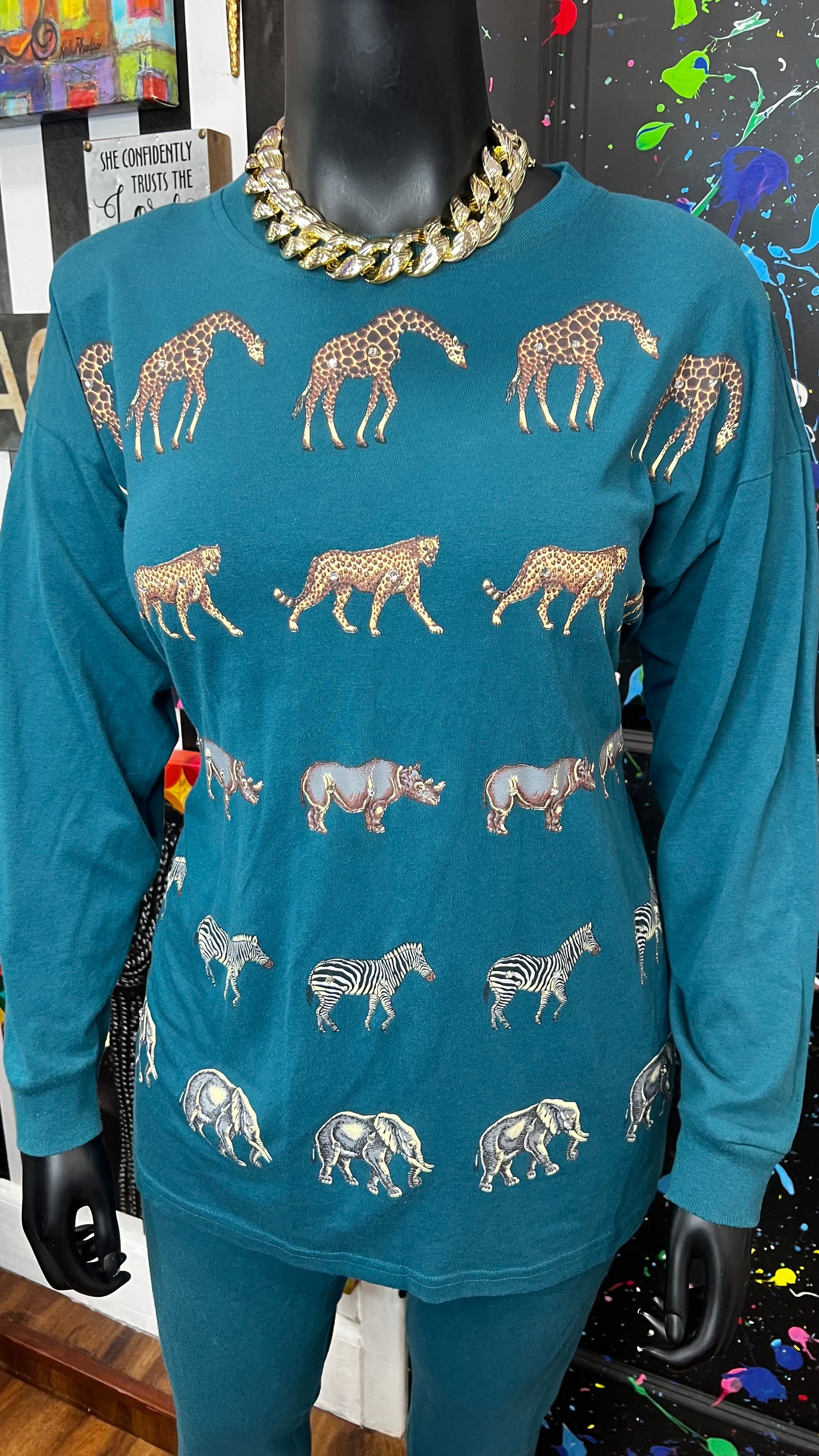 Vintage Cotton Animal Print & Jewel Top Pants Set