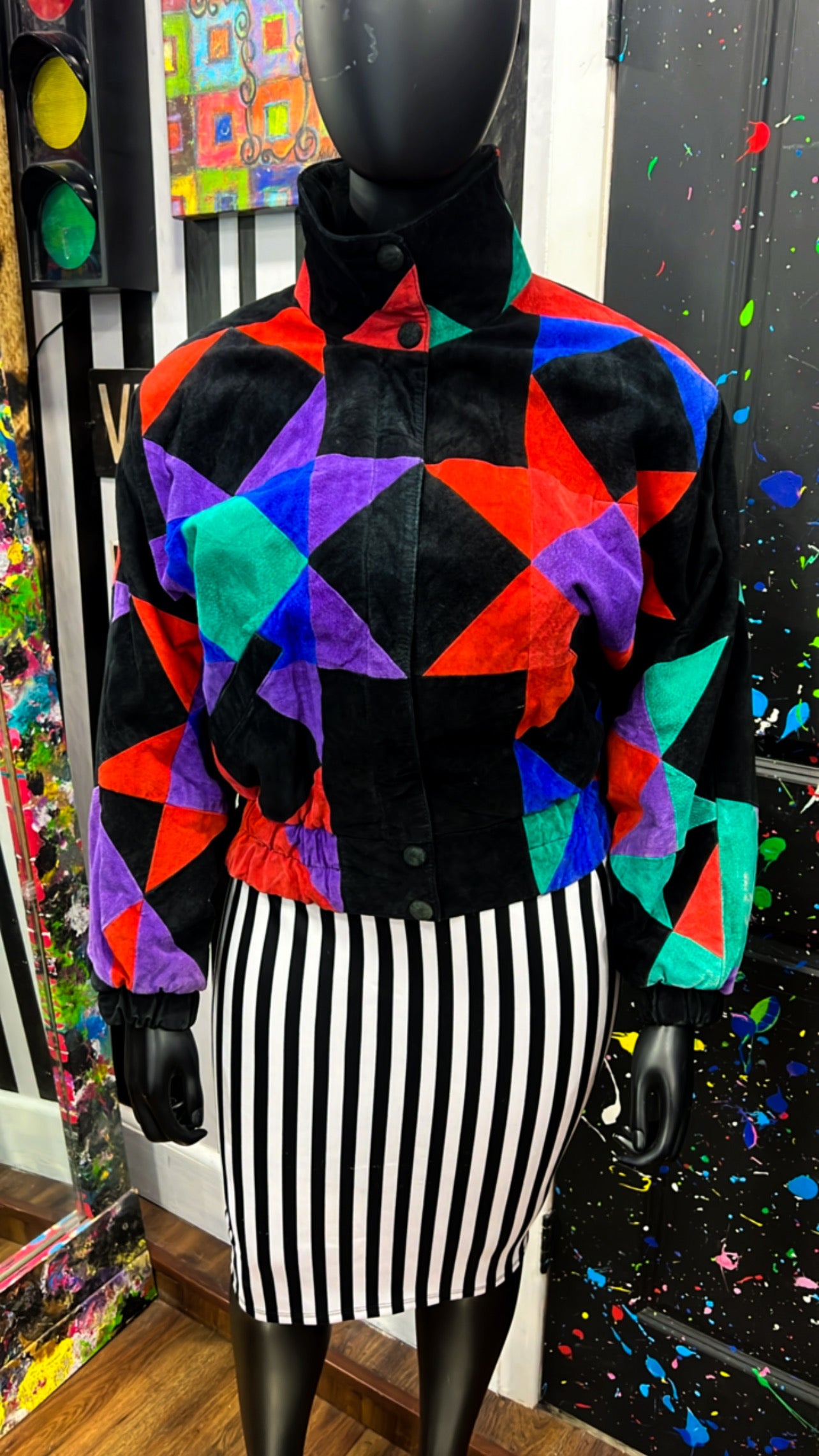 Plus Size Vintage Color Block Genuine Suede Leather Jacket (16)