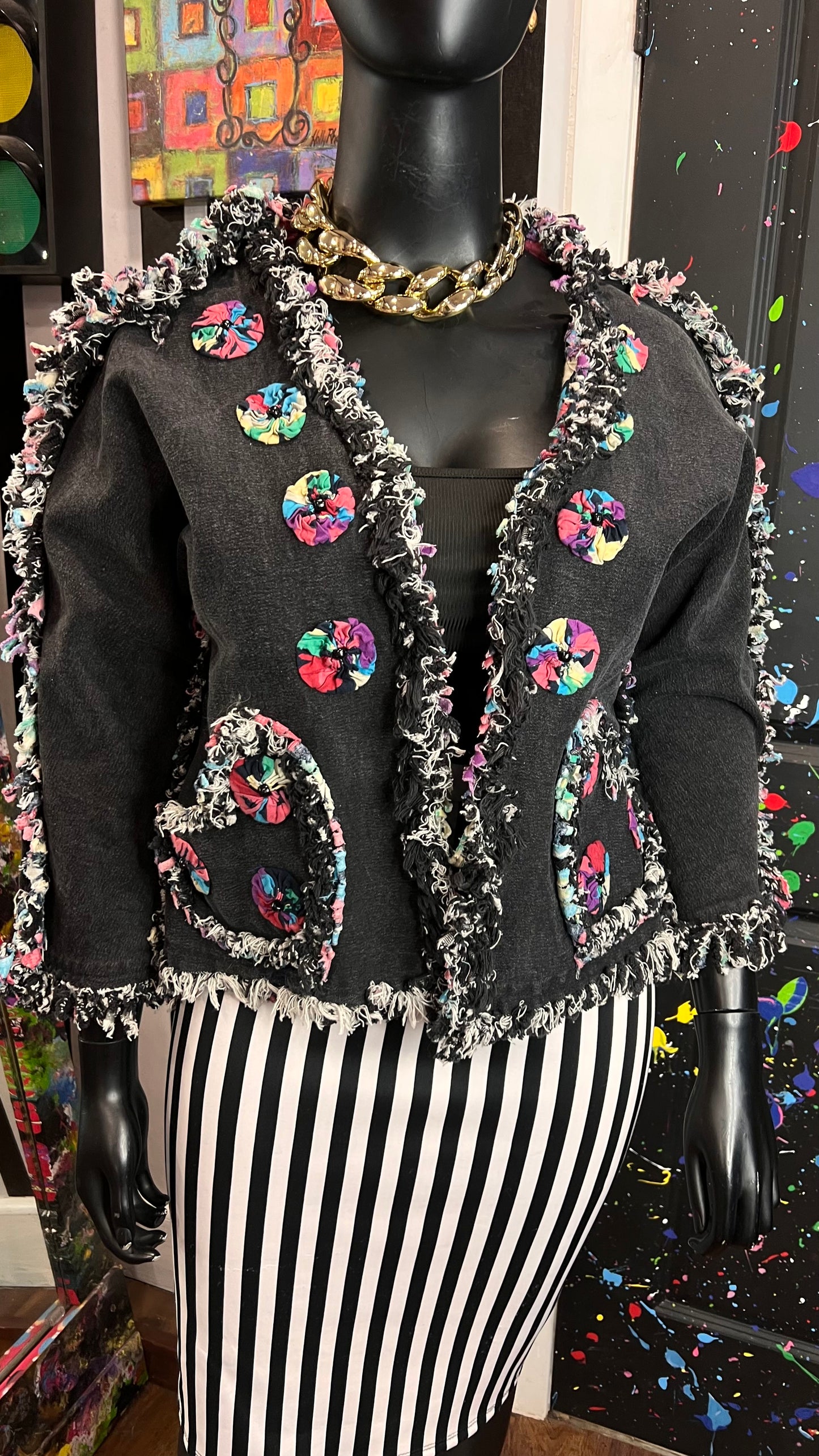 Vintage Black Denim Distressed Cropped Jacket (16)