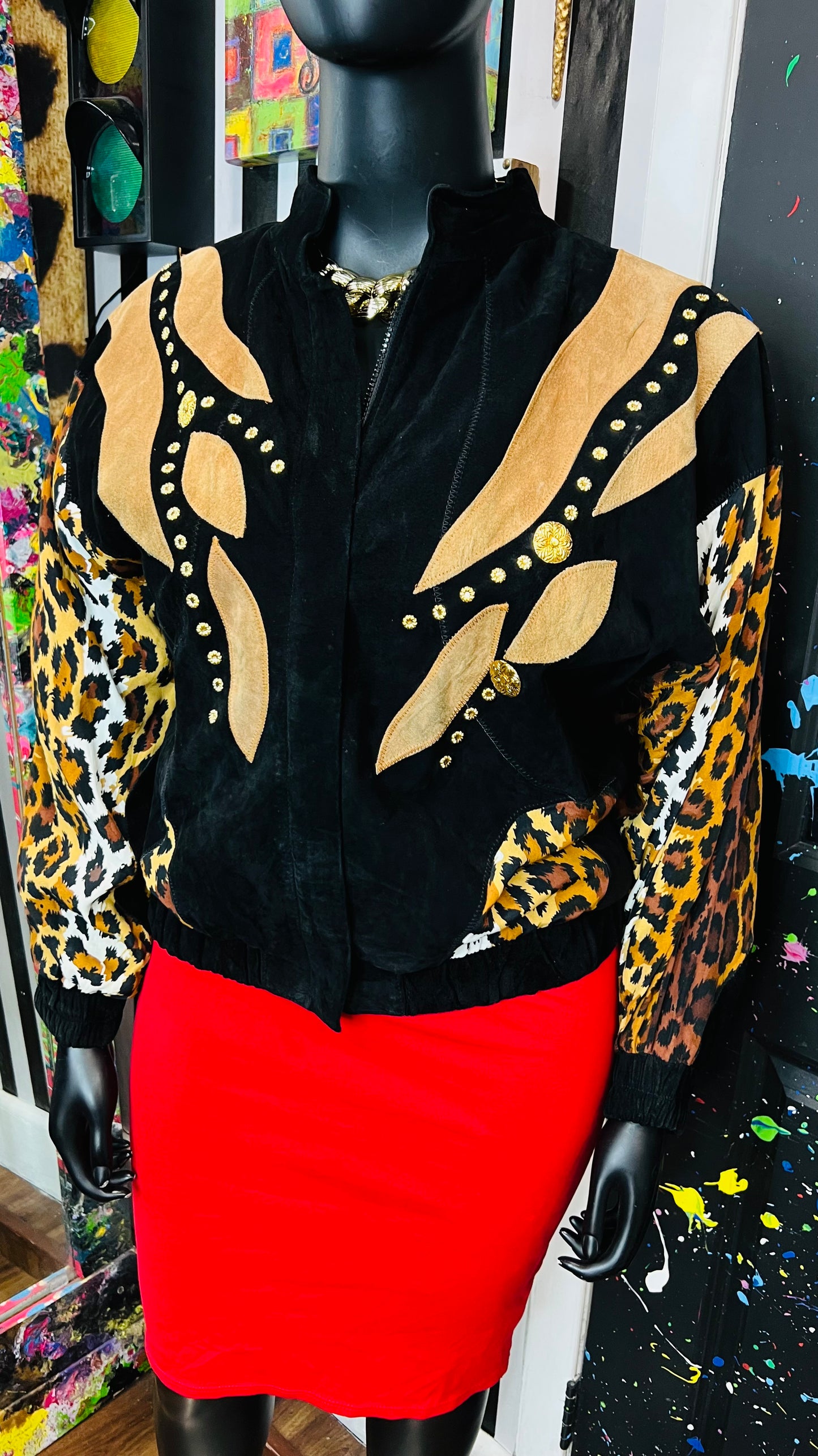 Vintage Genuine Suede Leather & Rayon Studded Animal Print Jacket (16/18)