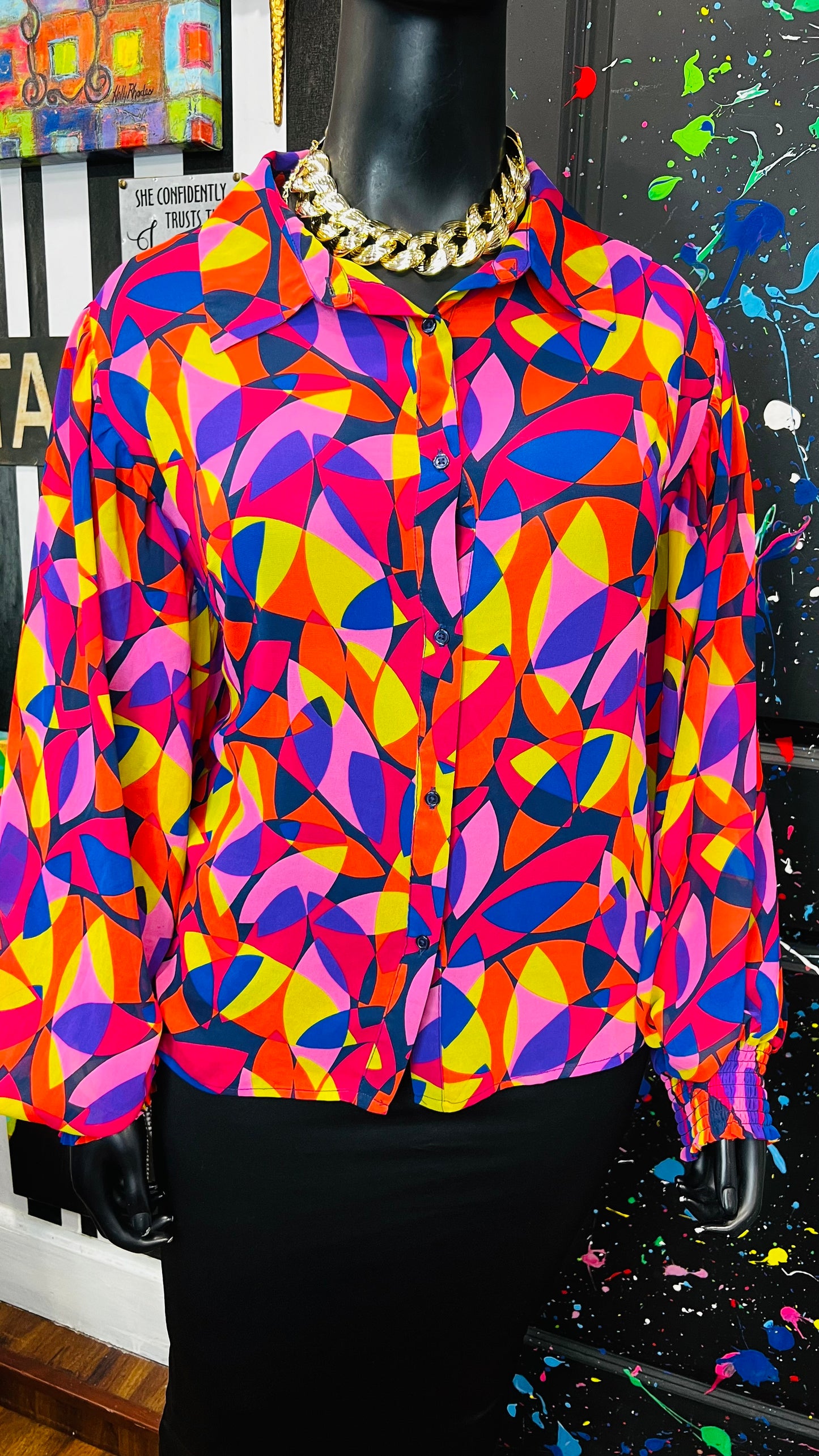 Colorful Balloon Sleeve Blouse (22)
