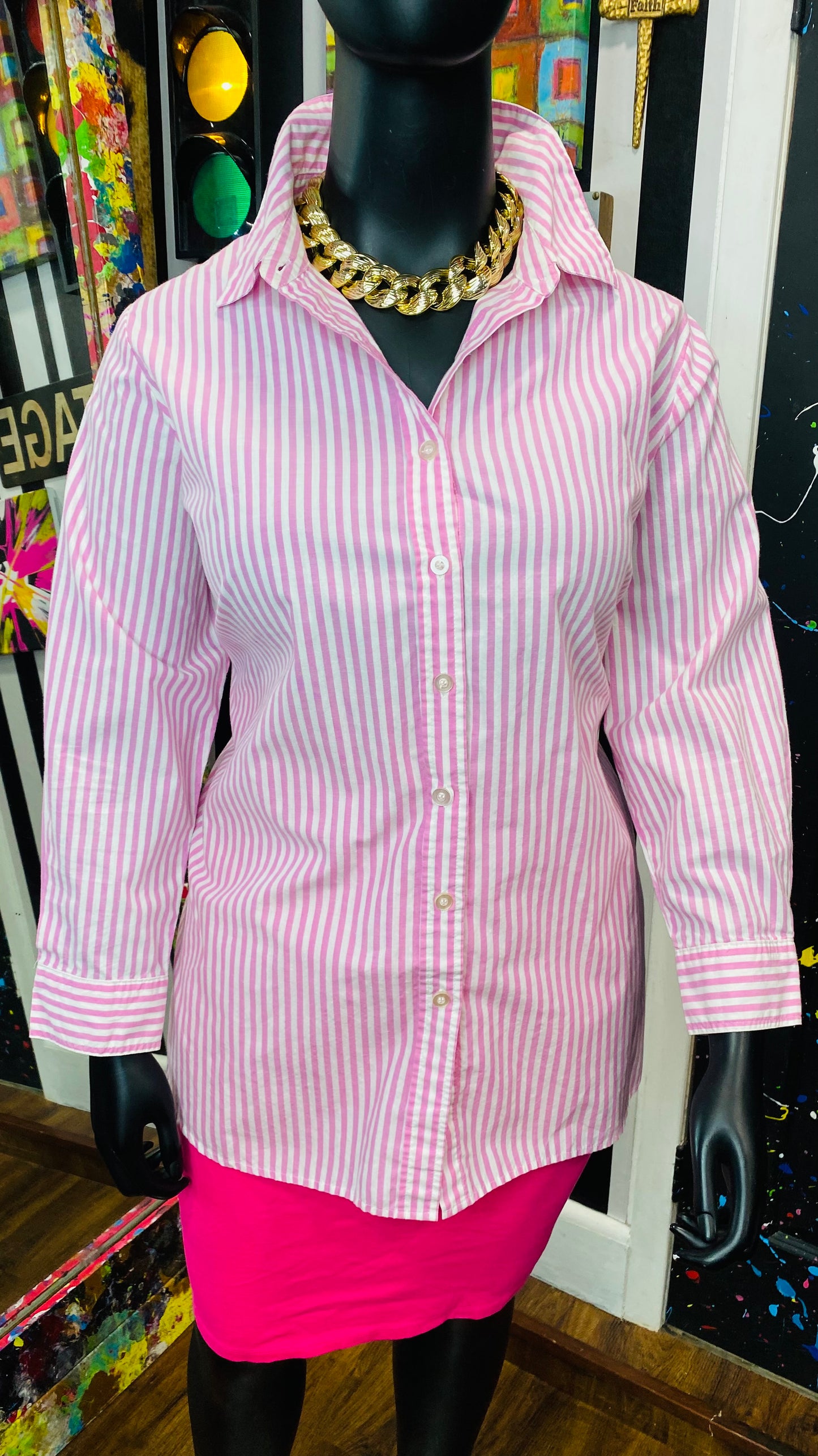 Plus Size Vintage Pink & White Striped Blouse (22)