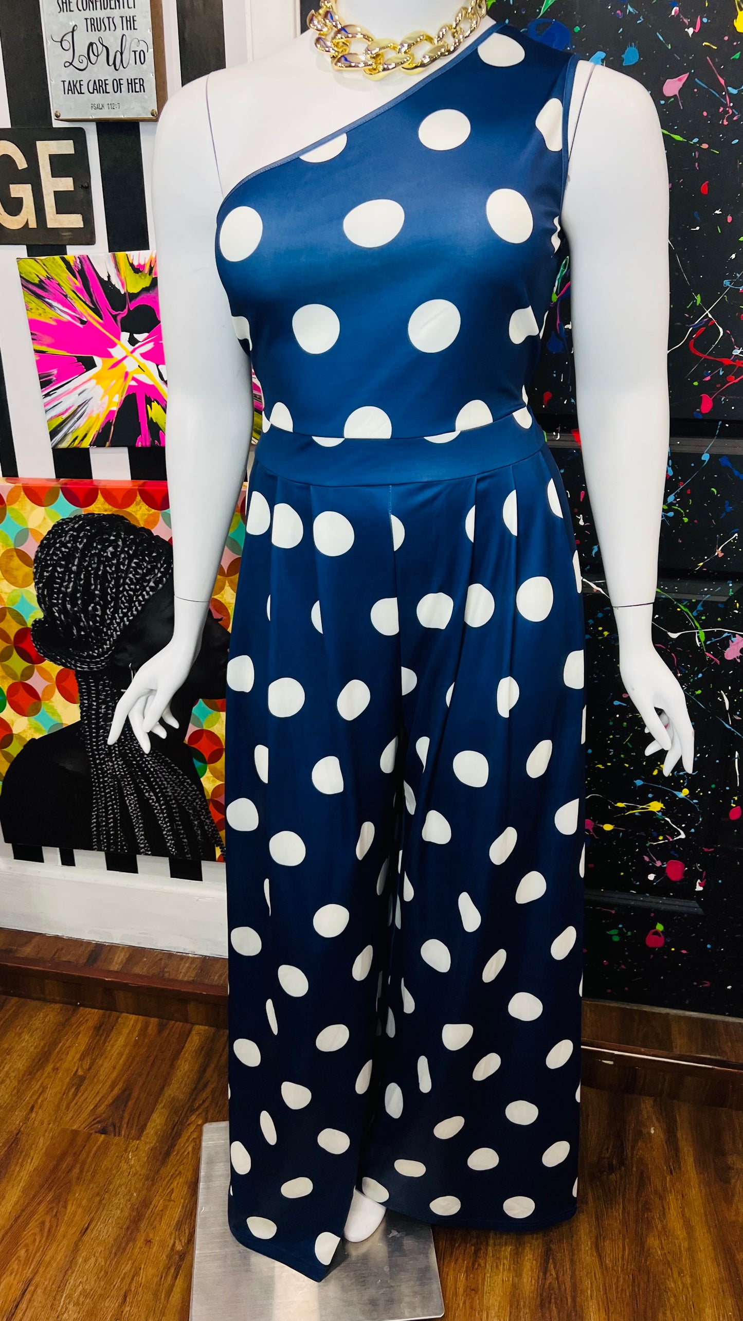 Vintage Inspired New w/ Tags Navy Blue & White Polka Dot Jumpsuit (18/20)