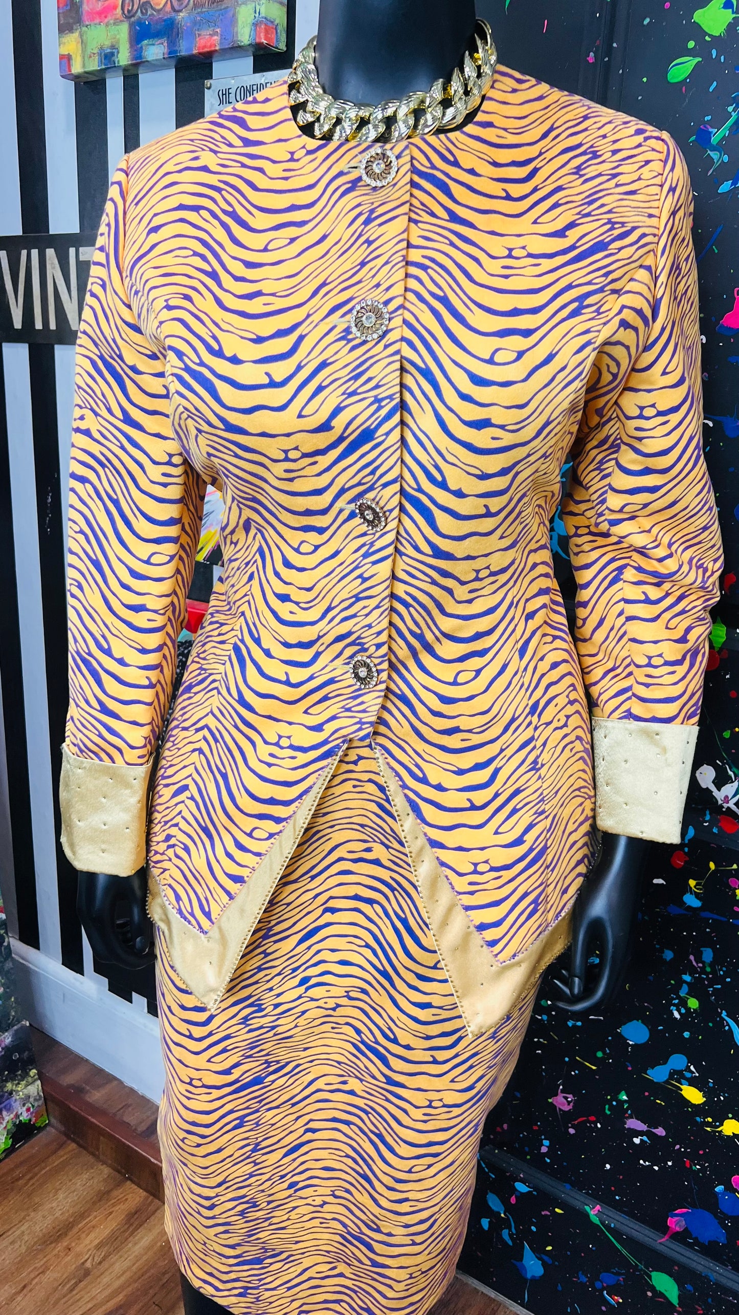 Vintage Tiger Striped Purple & Yellow Skirt Suit (18)
