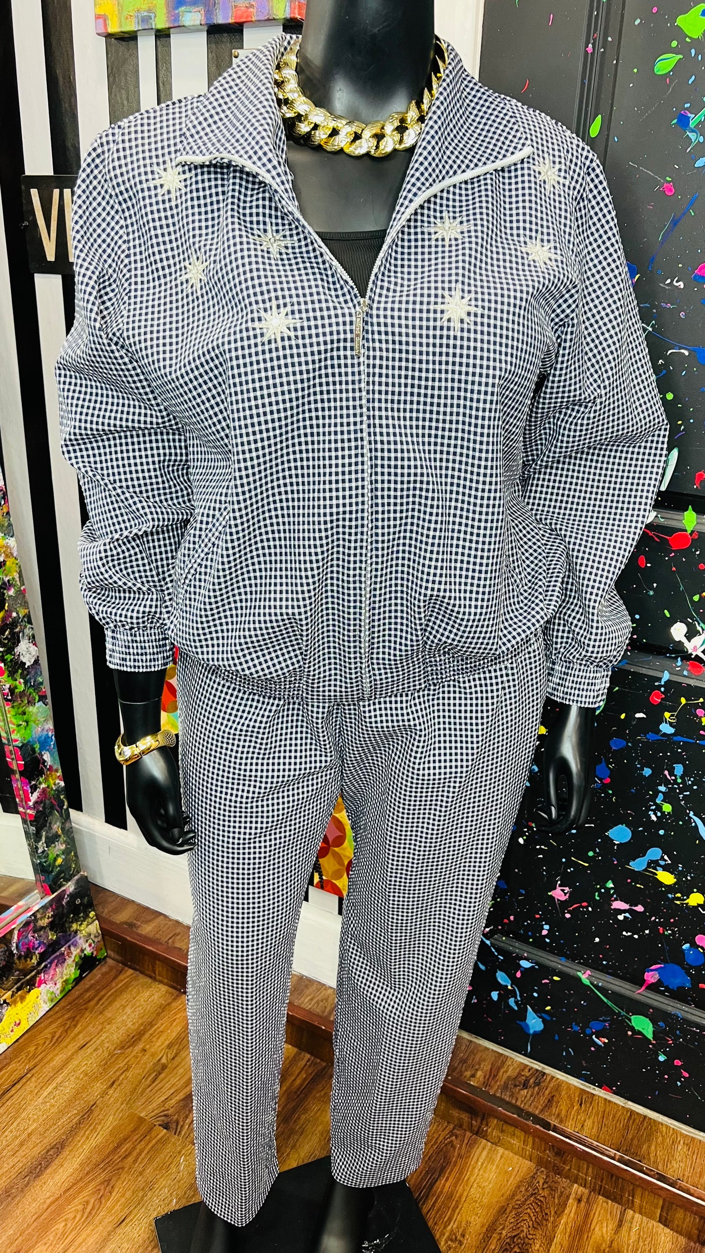 Vintage Navy Blue & White Checkered Pants Set (18)