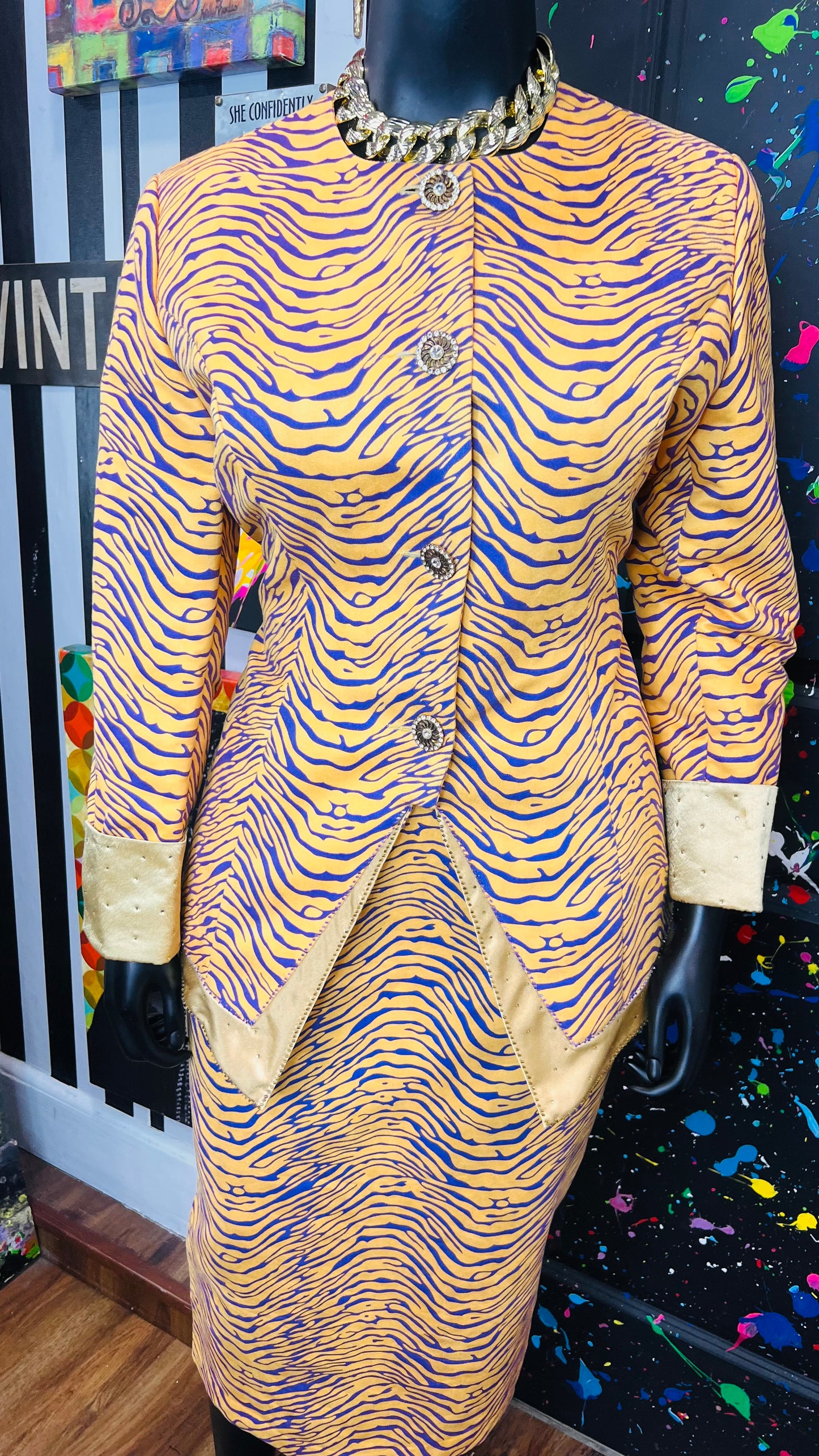 Vintage Tiger Striped Purple & Yellow Skirt Suit (18)