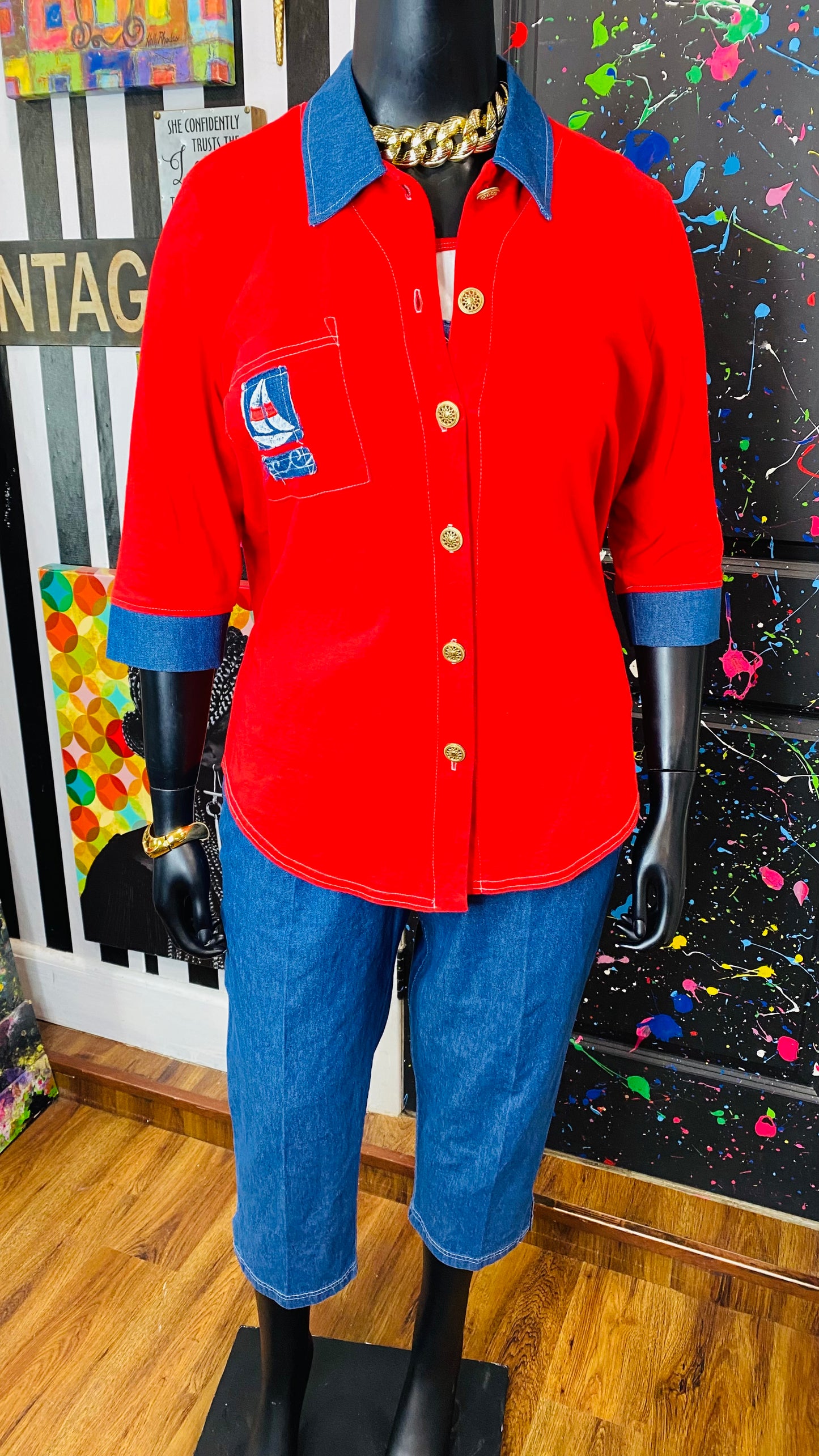 Vintage Cotton Red Blouse, Capri & Top Blouse Set (14/16)