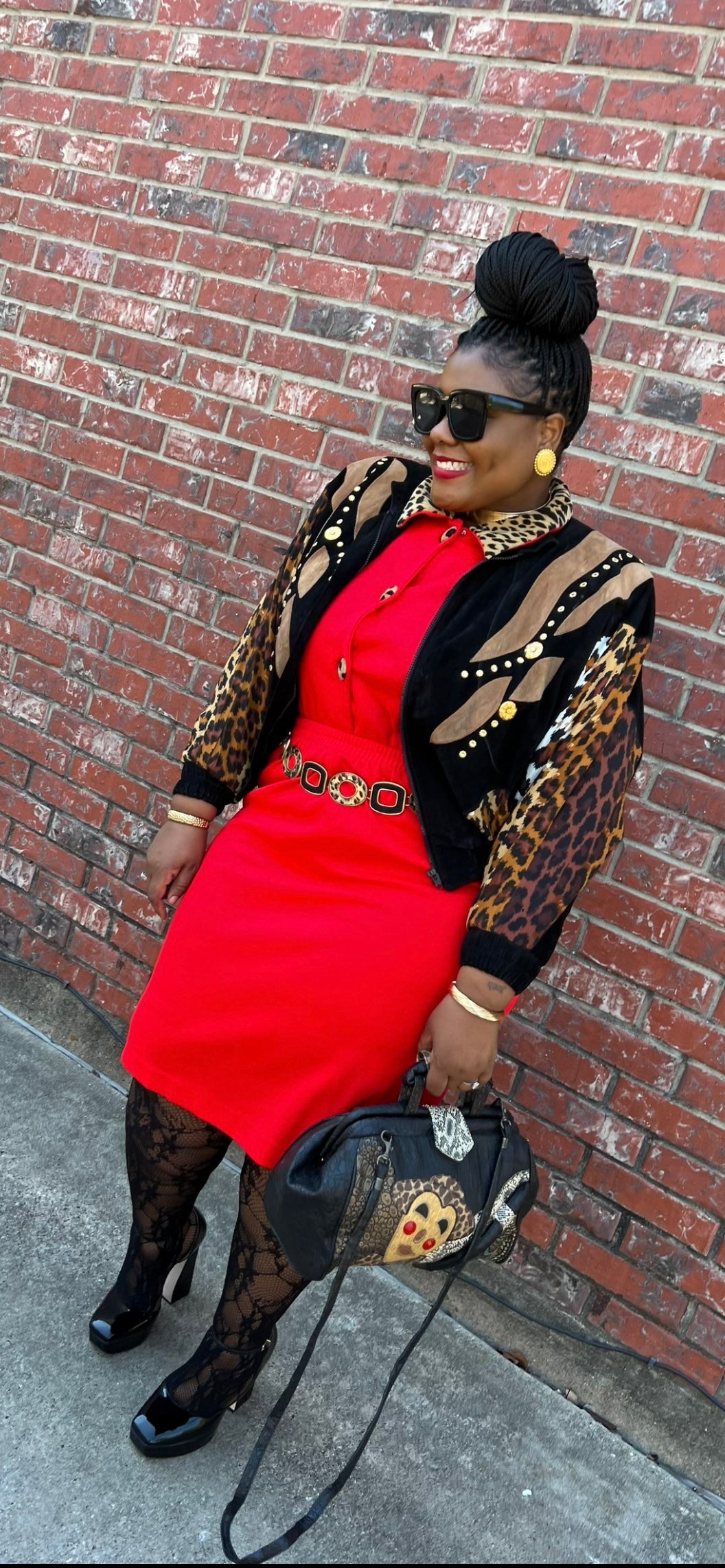 Vintage Genuine Suede Leather & Rayon Studded Animal Print Jacket (16/18)