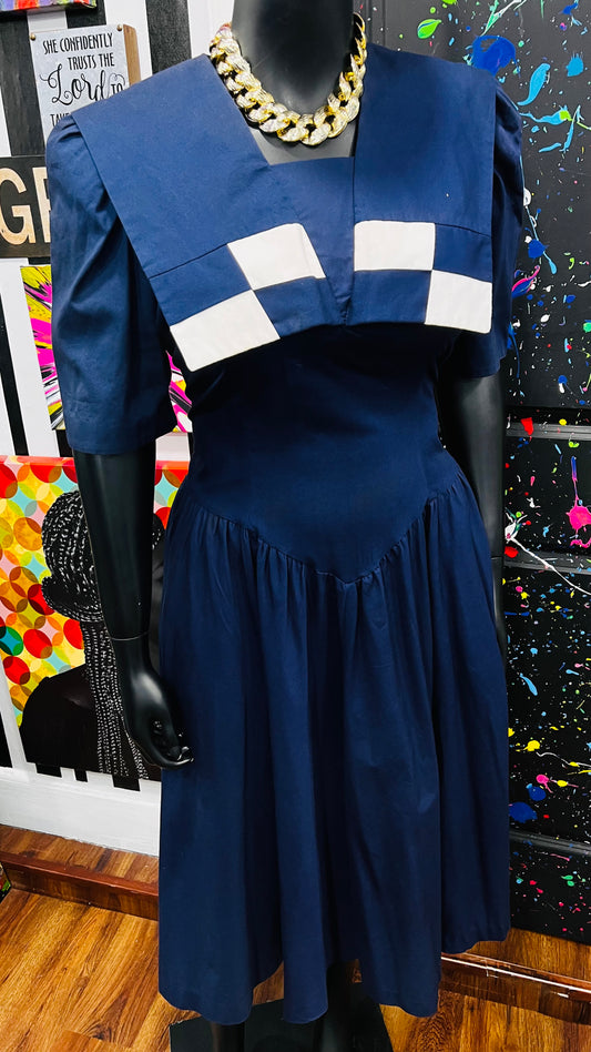 Vintage Color Block Dress Navy Blue & White (18)