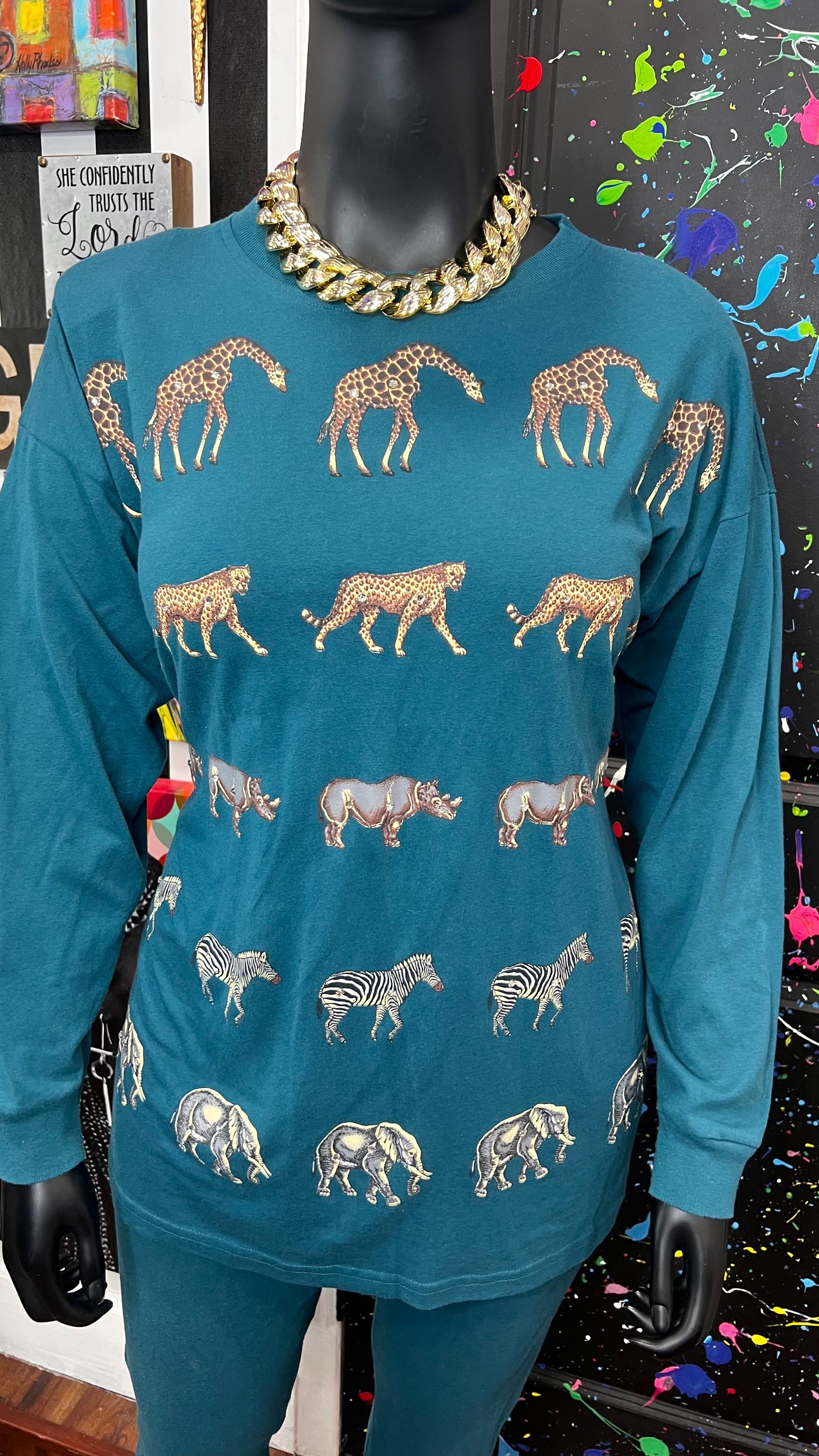 Vintage Cotton Animal Print & Jewel Top Pants Set