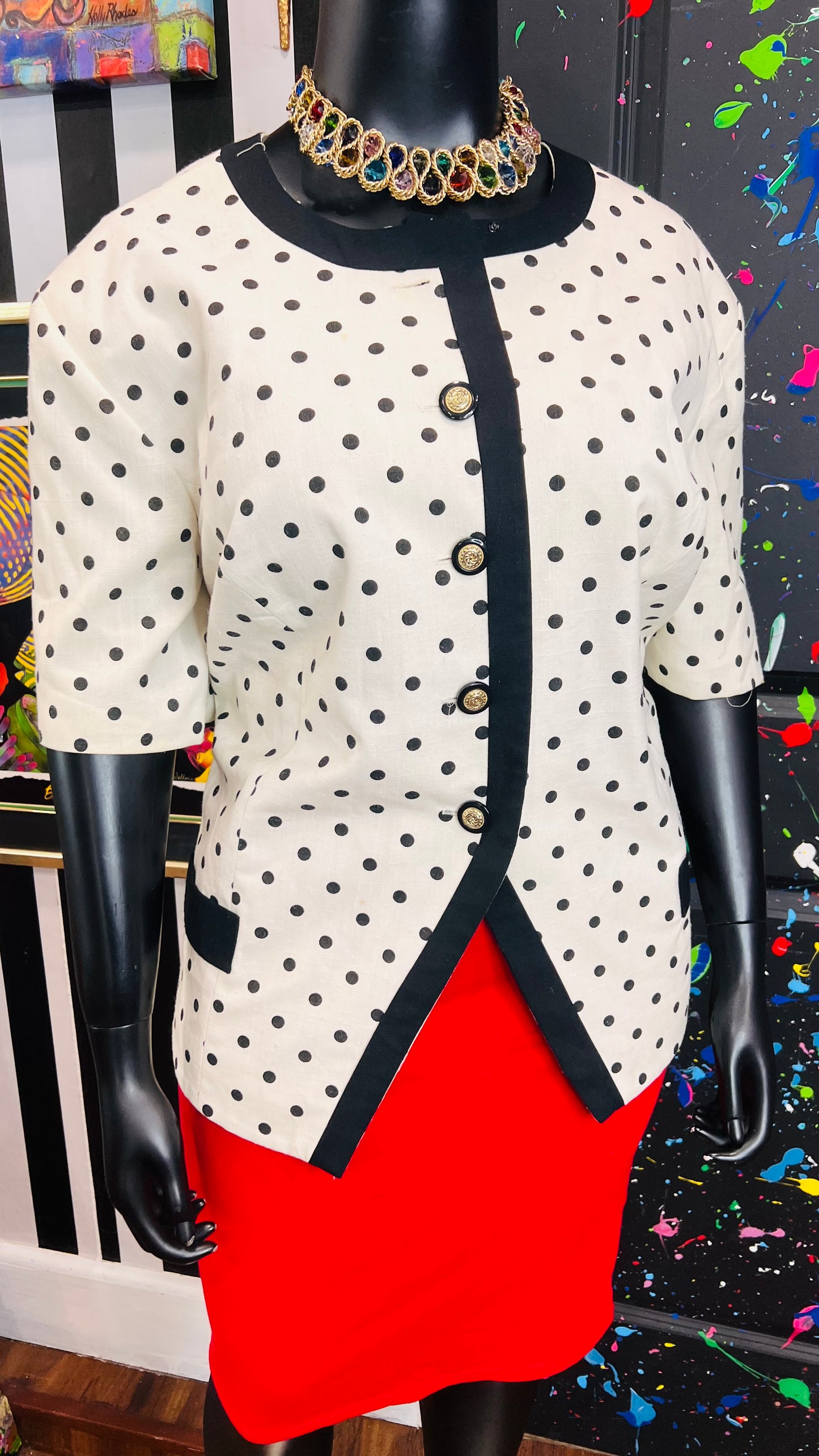 Vintage White & Black Polka Dot Blazer Blouse (24)
