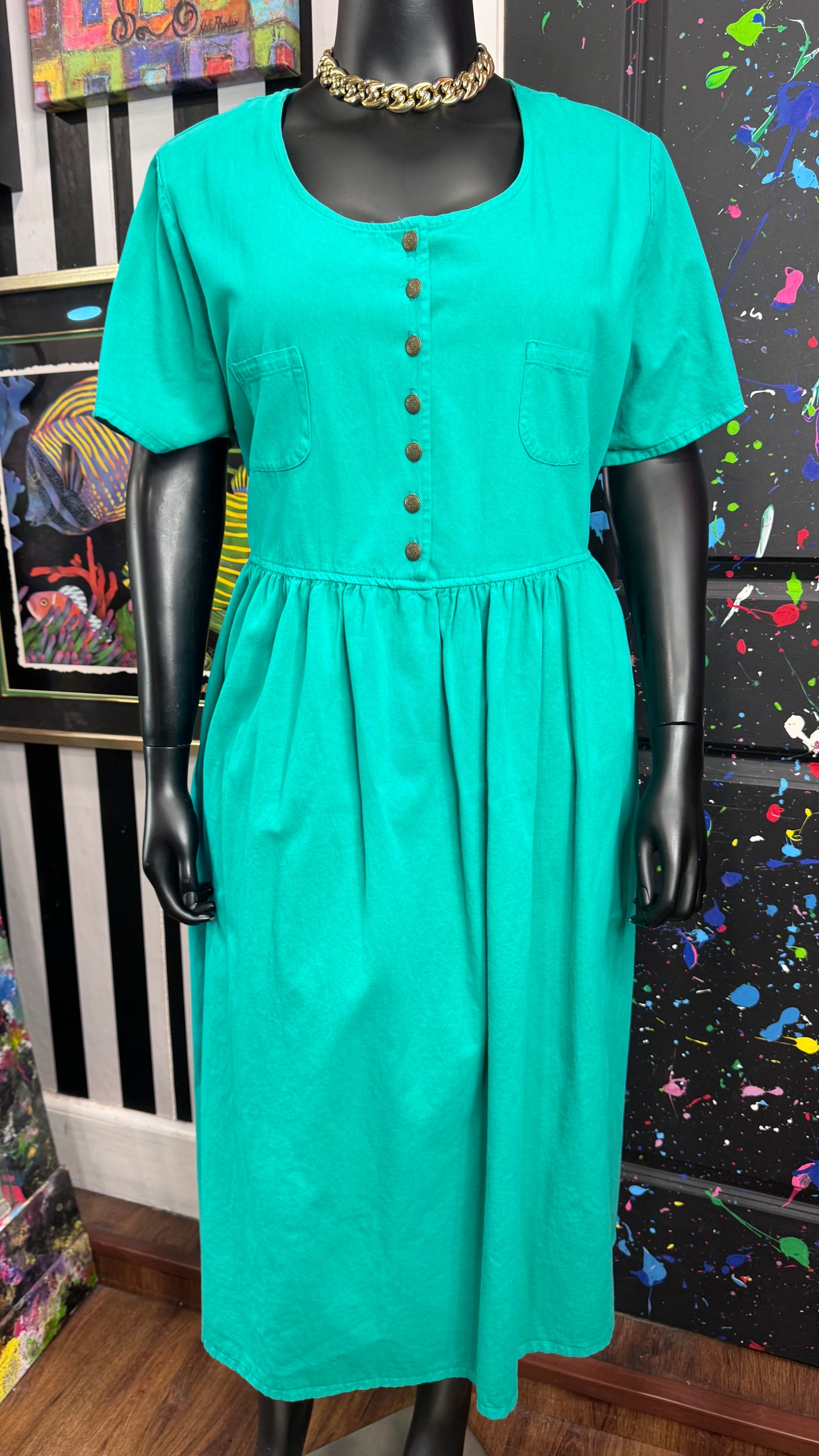 Vintage Teal Green Denim Dress w/ Pockets (20W)