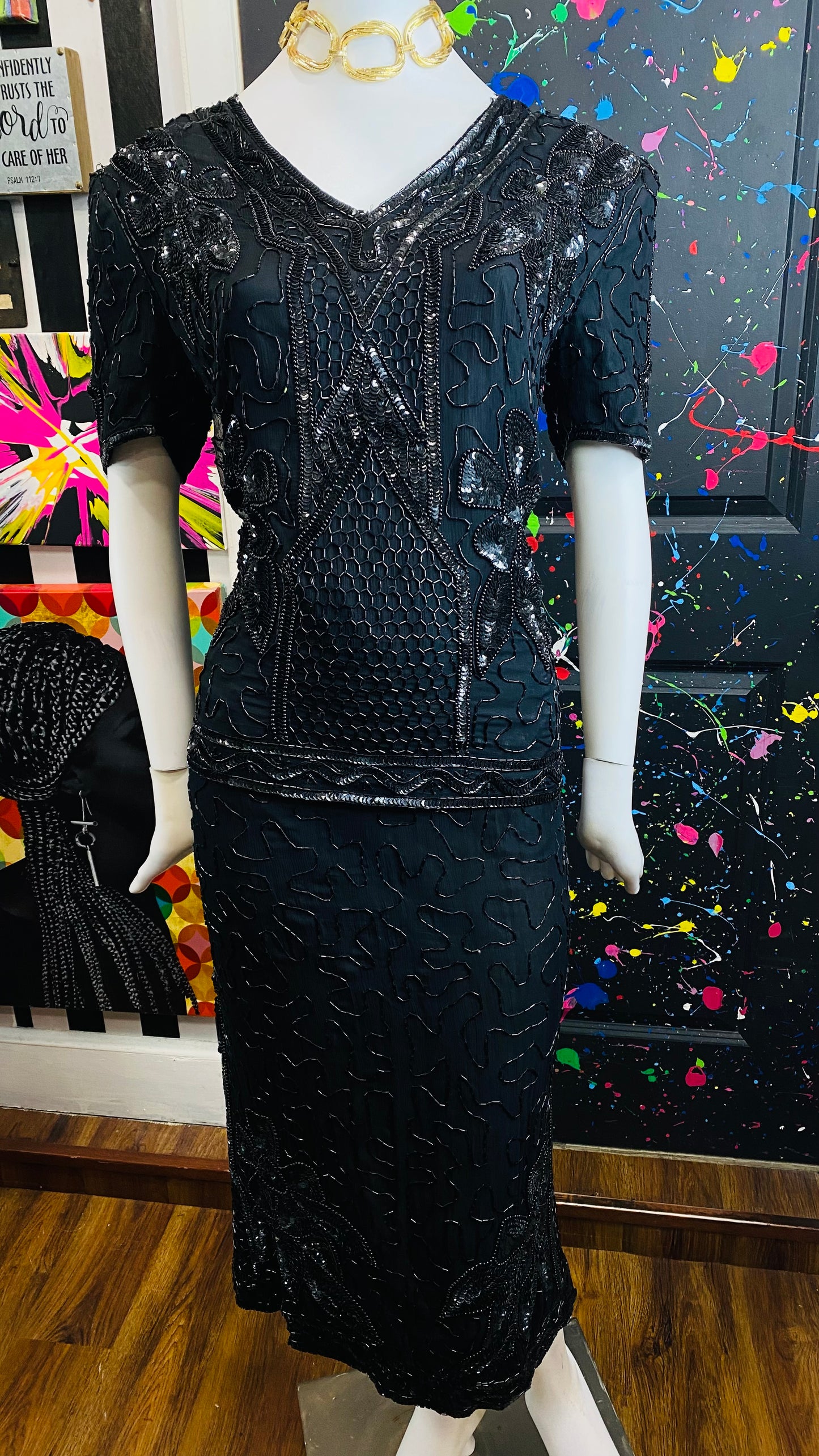 Vintage Black Sequin Skirt Suit (14)