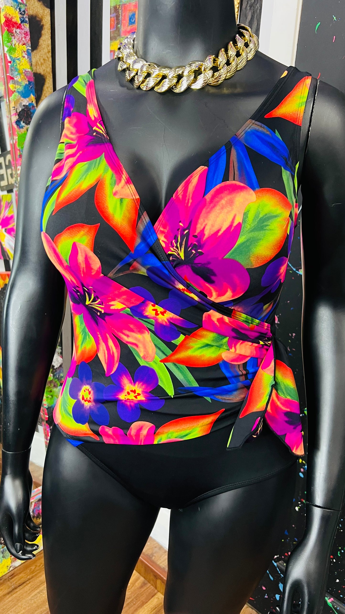 Vintage Black & Floral Neon Swimsuit (12)