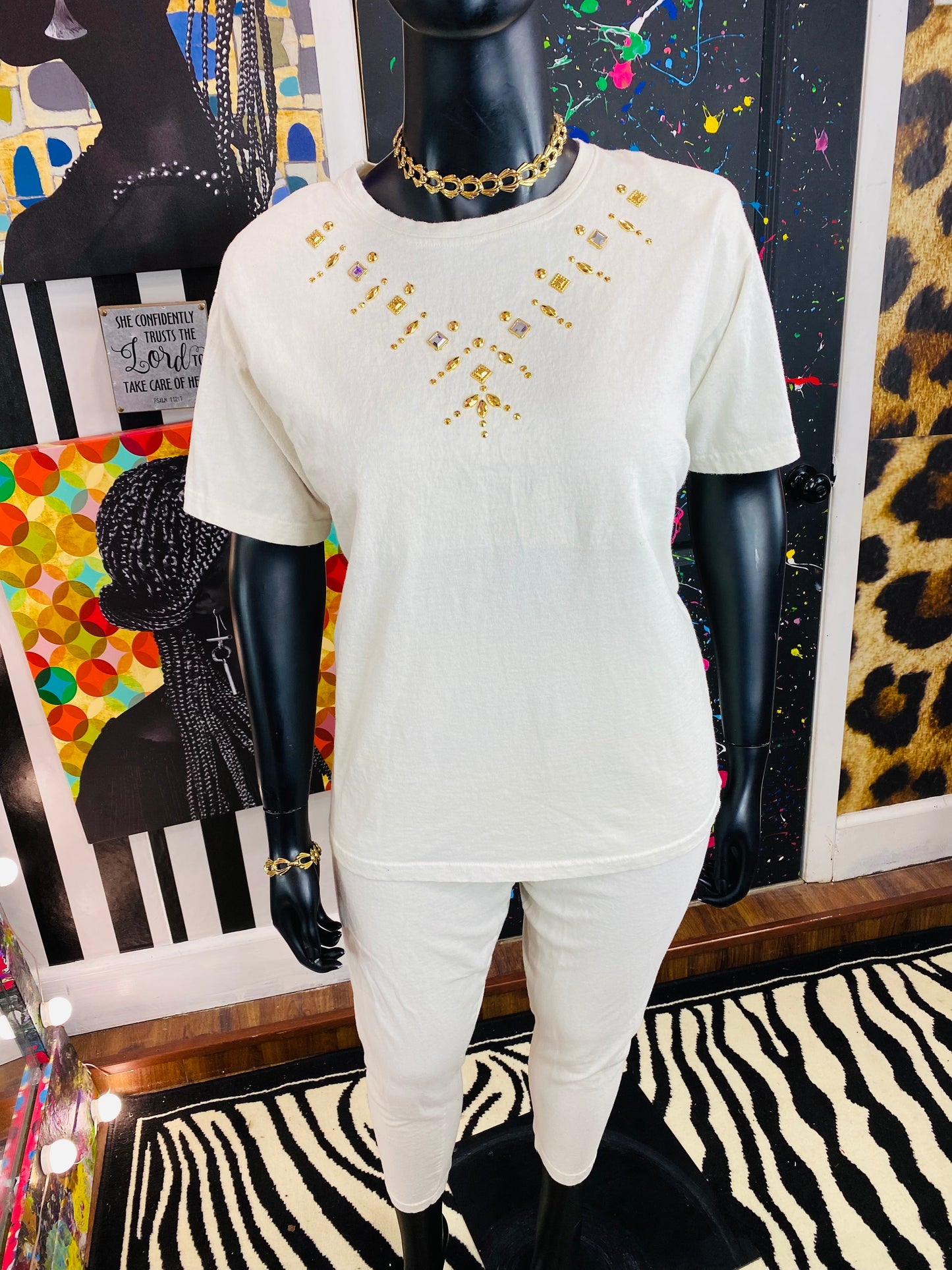Vintage Cream Colored Gold Studded Pants Set