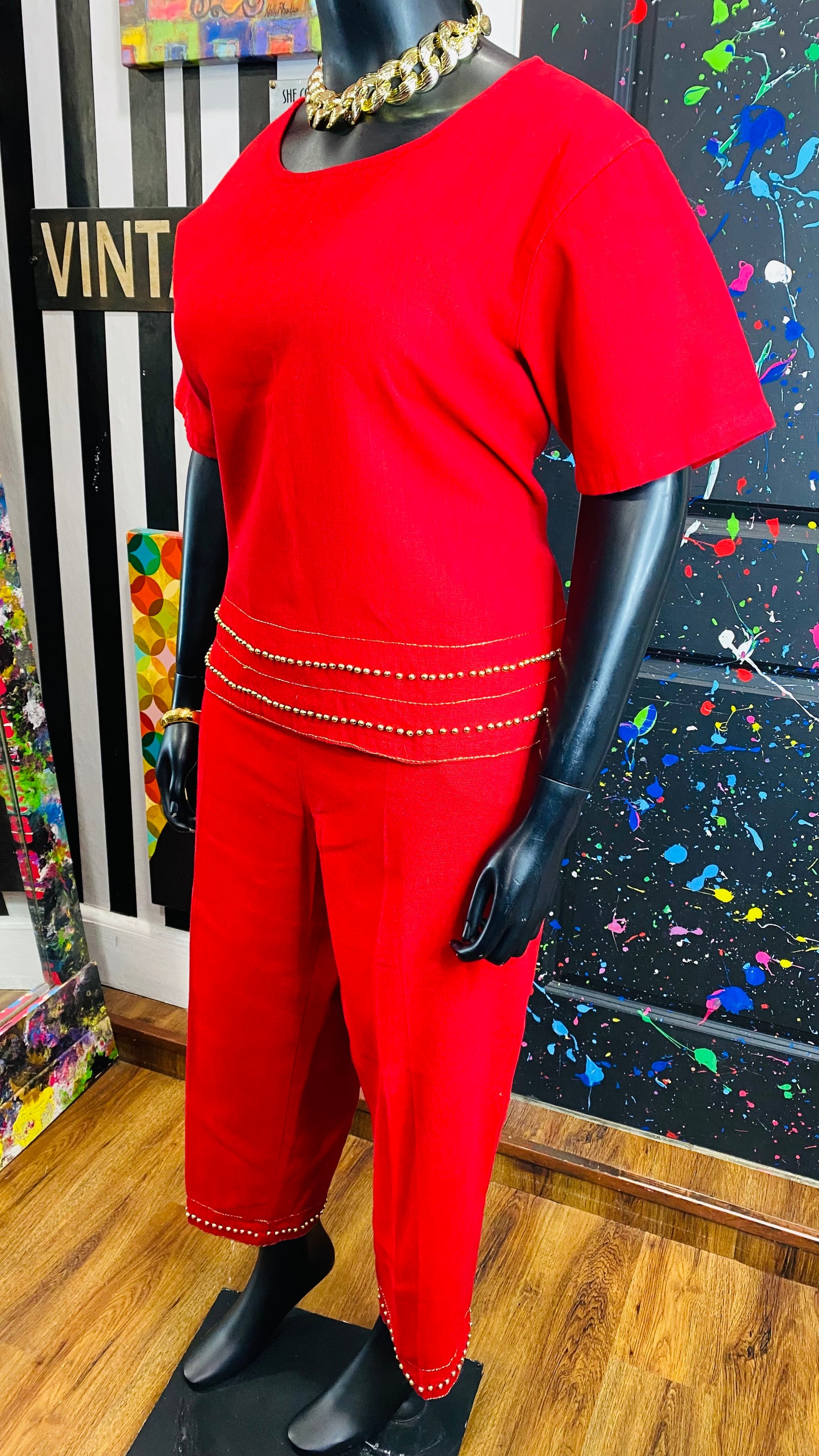 Vintage Traditional African Red & Gold Beaded 3 Piece Cotton Pants Set (14)