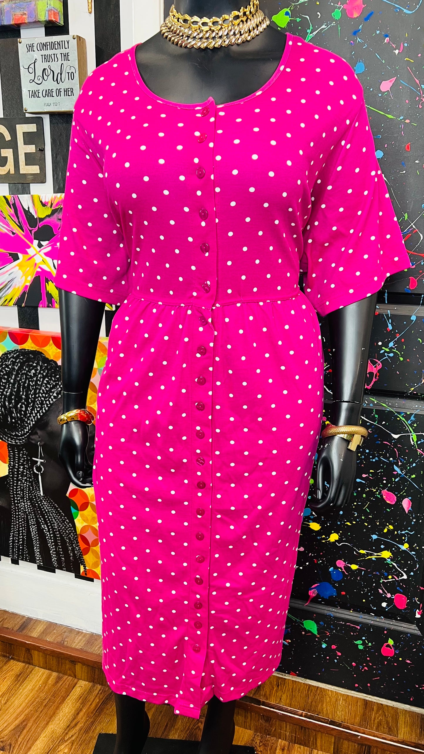 Vintage Pink & White Cotton Polka Dot Dress(24)
