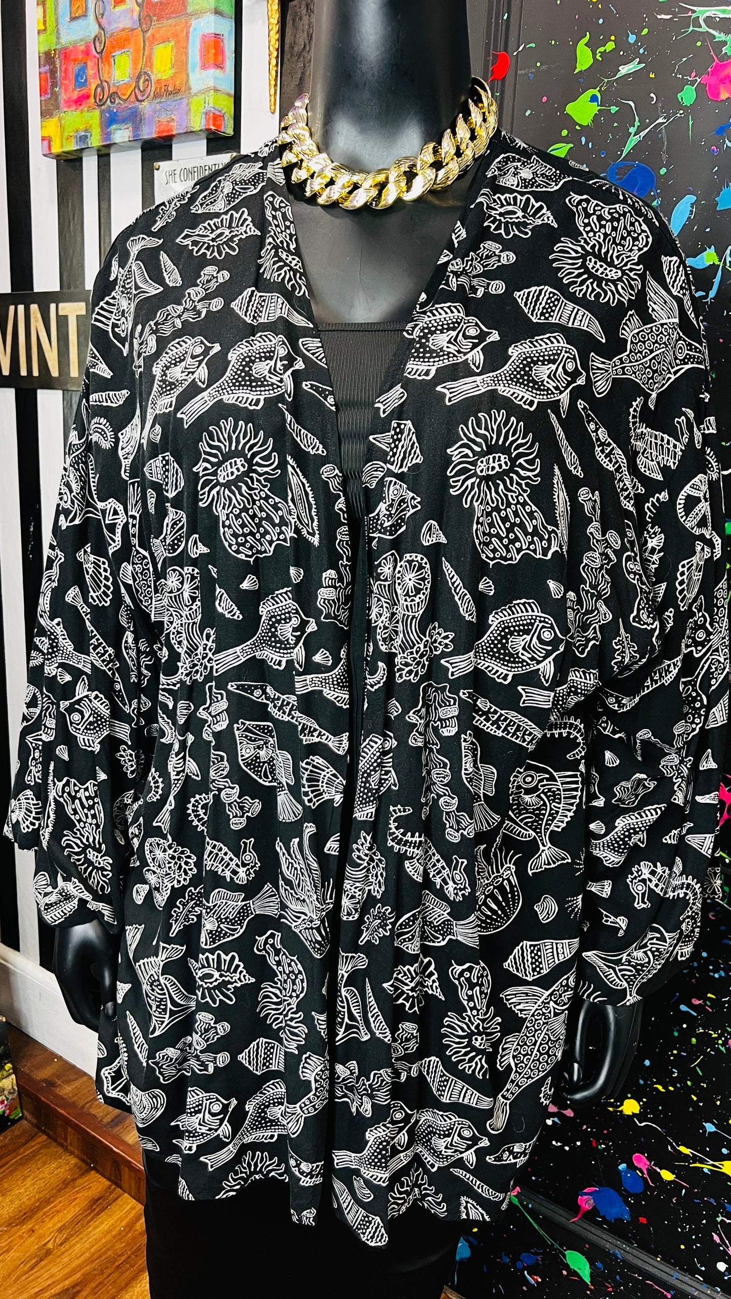 Vintage Fish Black & White Rayon Duster (OS)