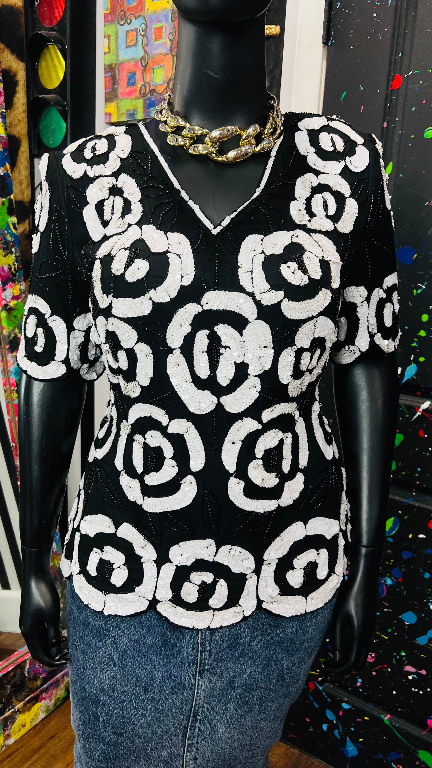 Vintage Black & White Sequin Blouse (16)