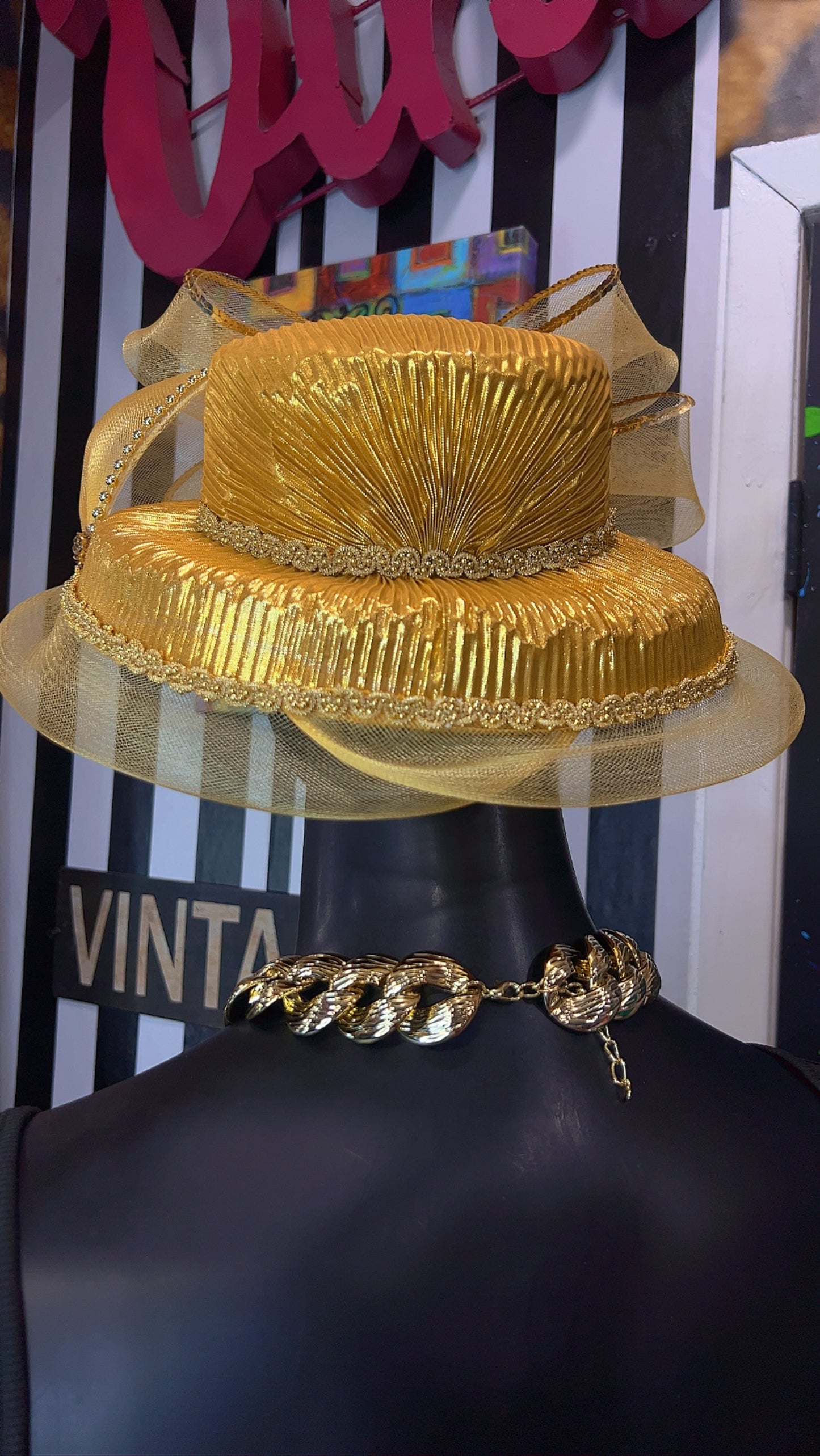 Vintage Straw & Sequin Gold Bow Hat