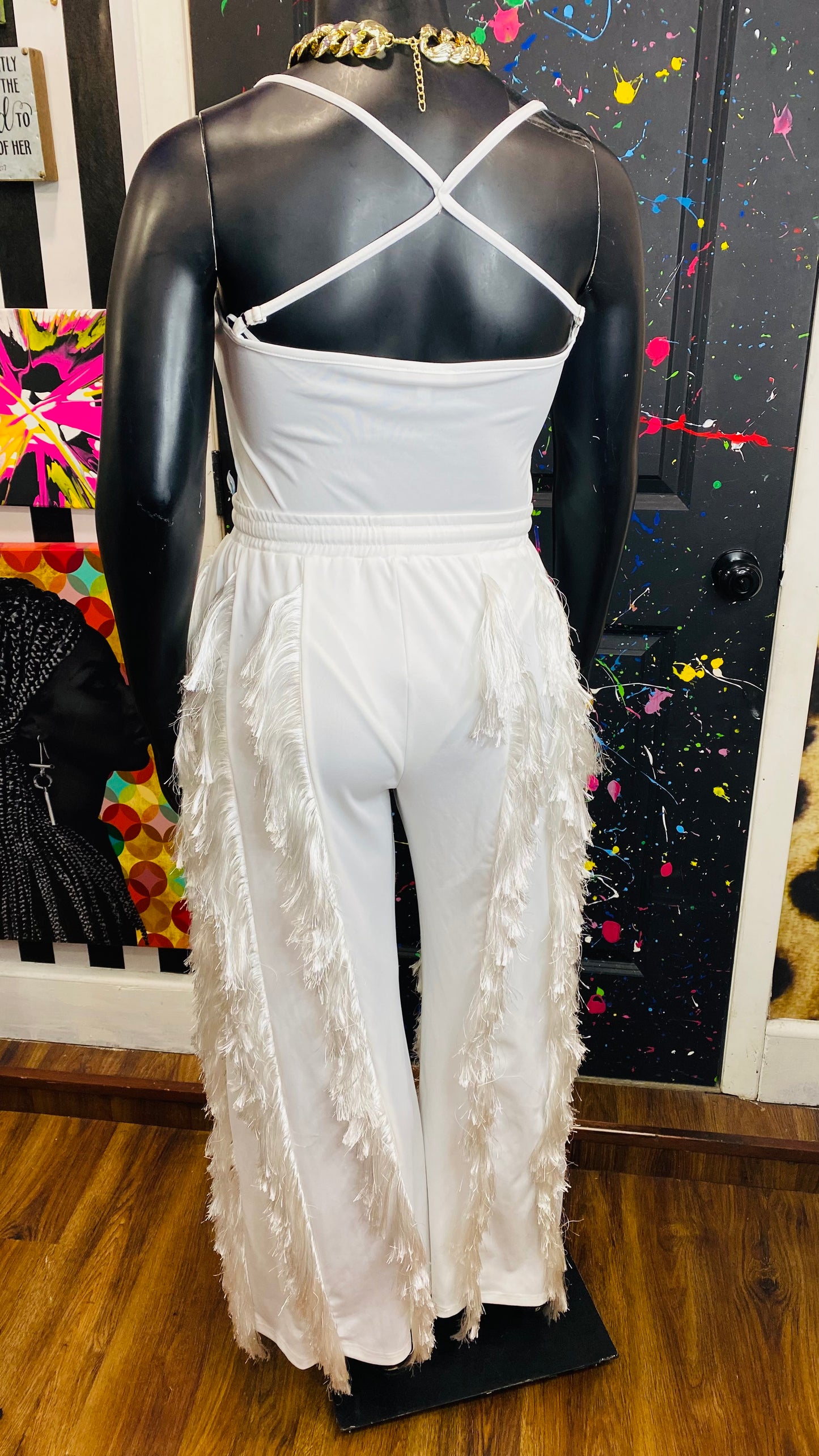 New w/ Tags White Fringe Body Suit & Pants (16)
