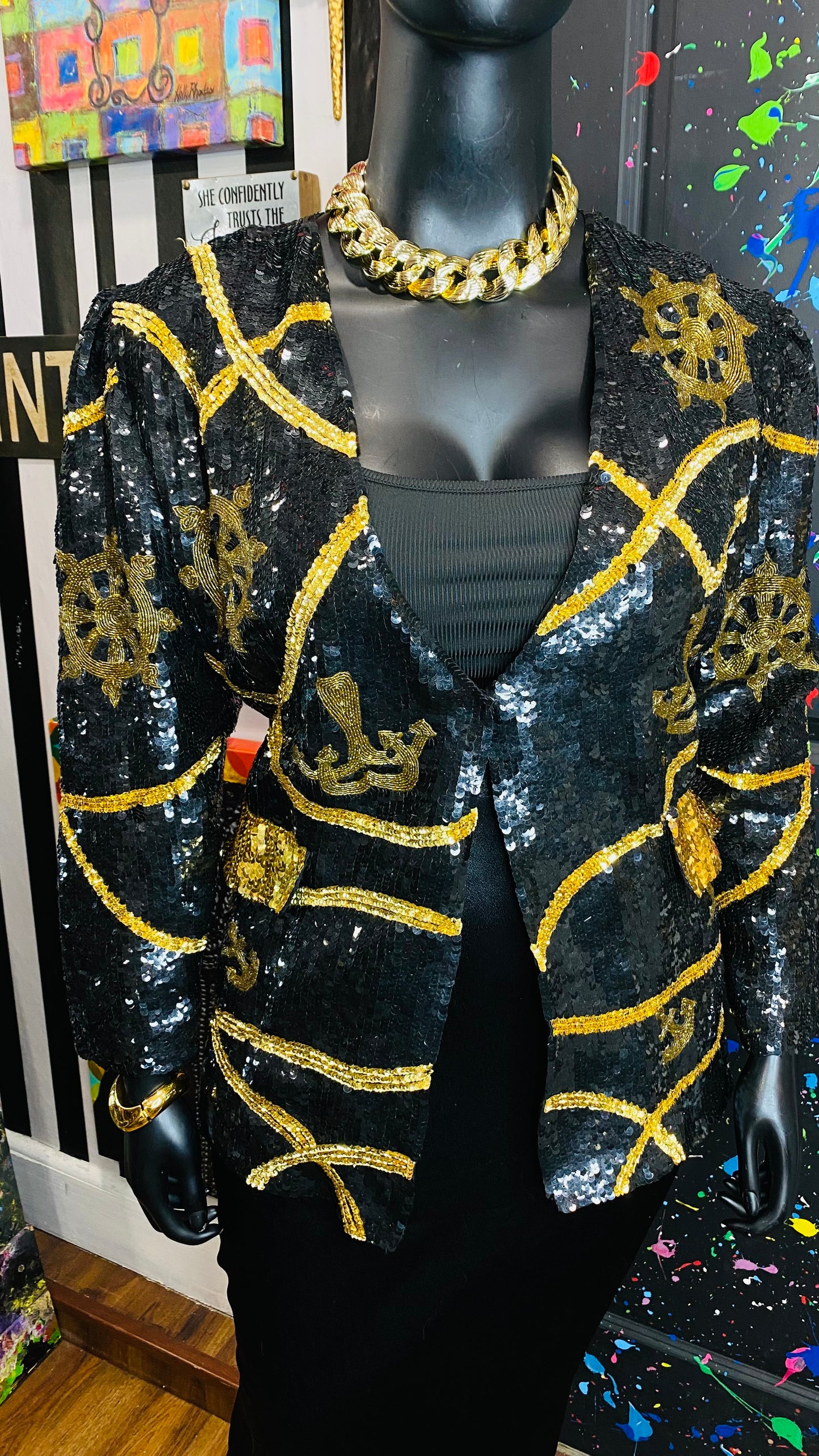 Vintage Sequin Black & Gold Blazer (14)