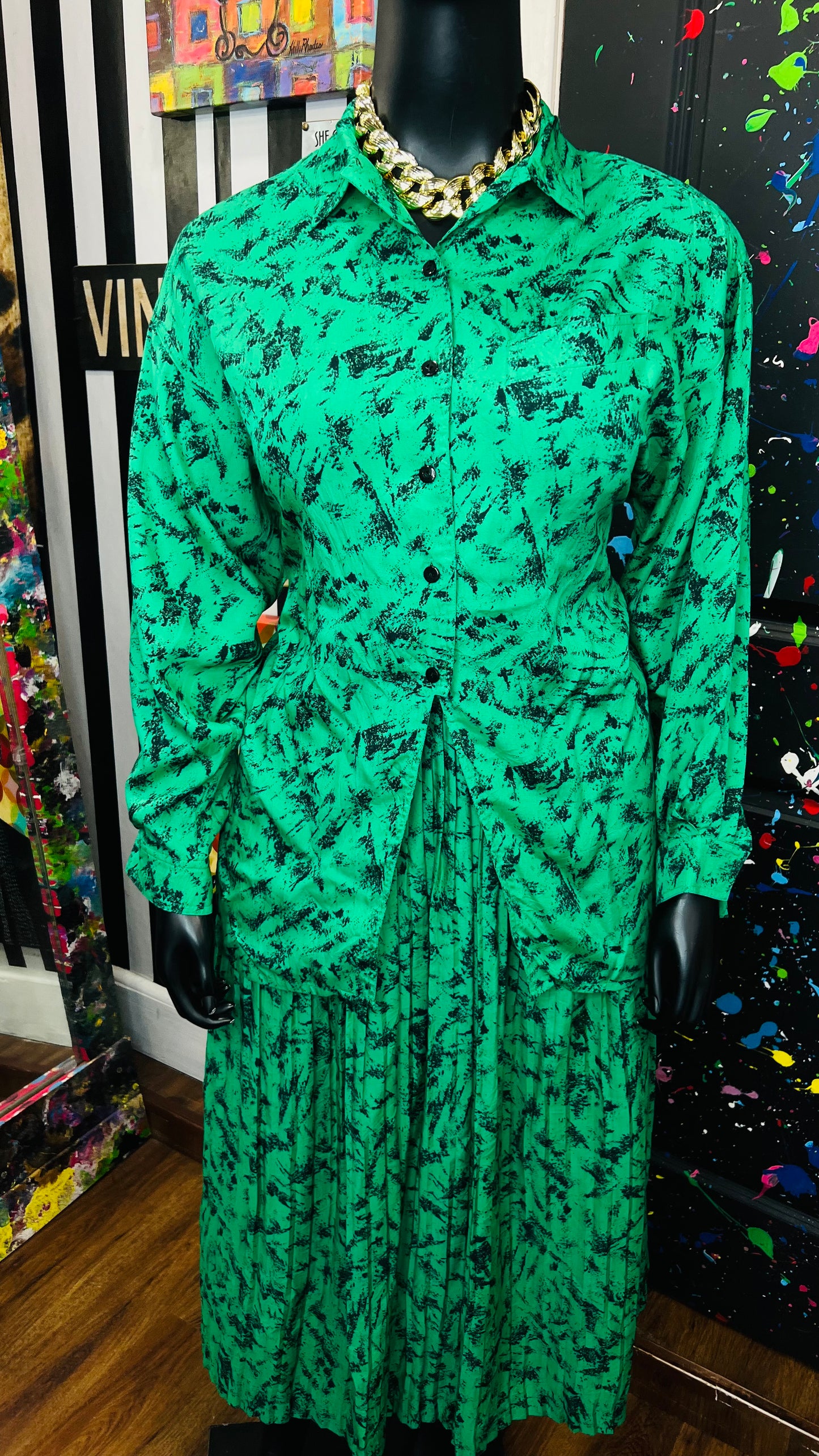Vintage Green & Black Abstract Skirt Set (16/18)