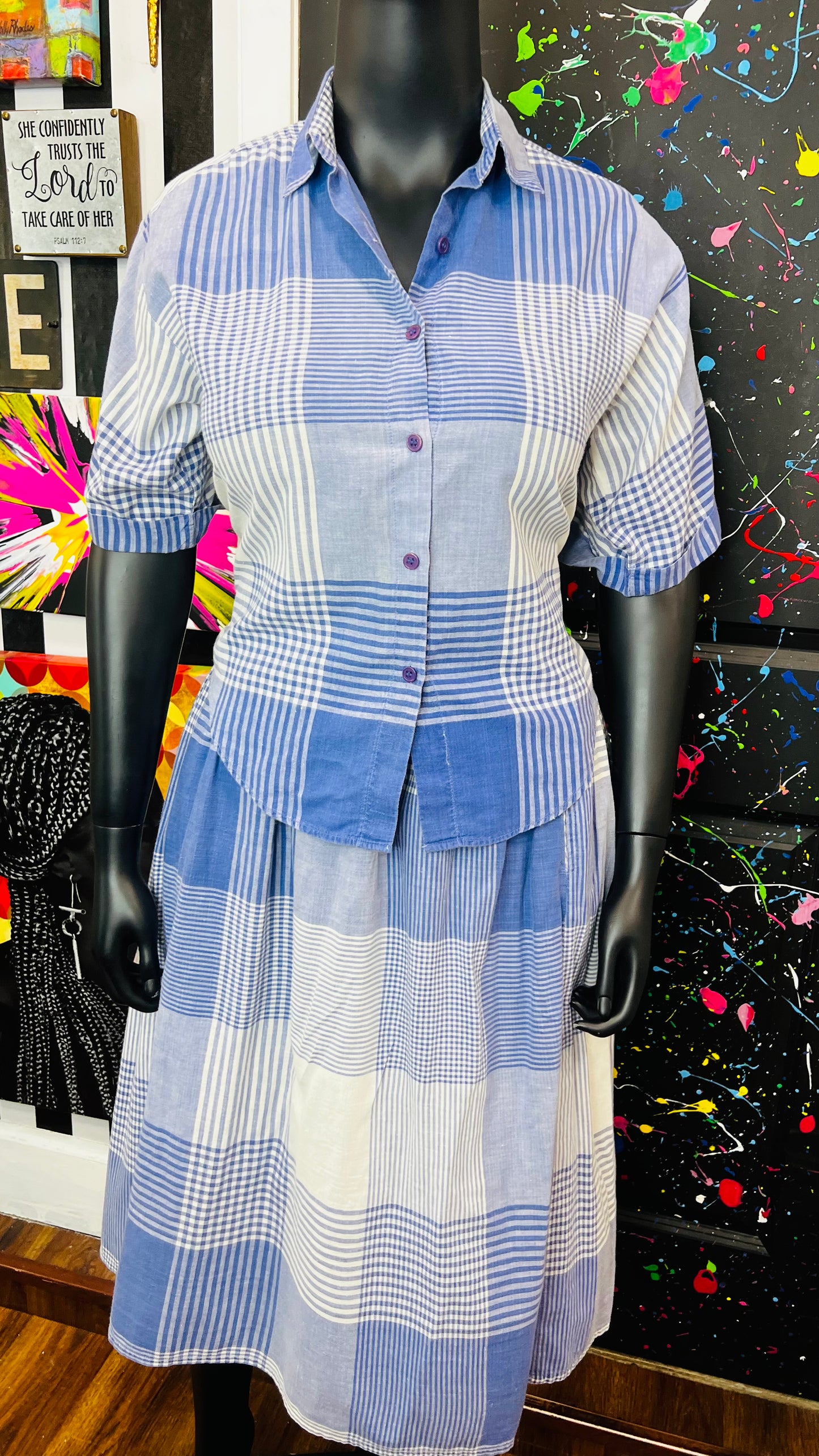 Vintage Plaid Blue & Cotton White Skirt Set (14)