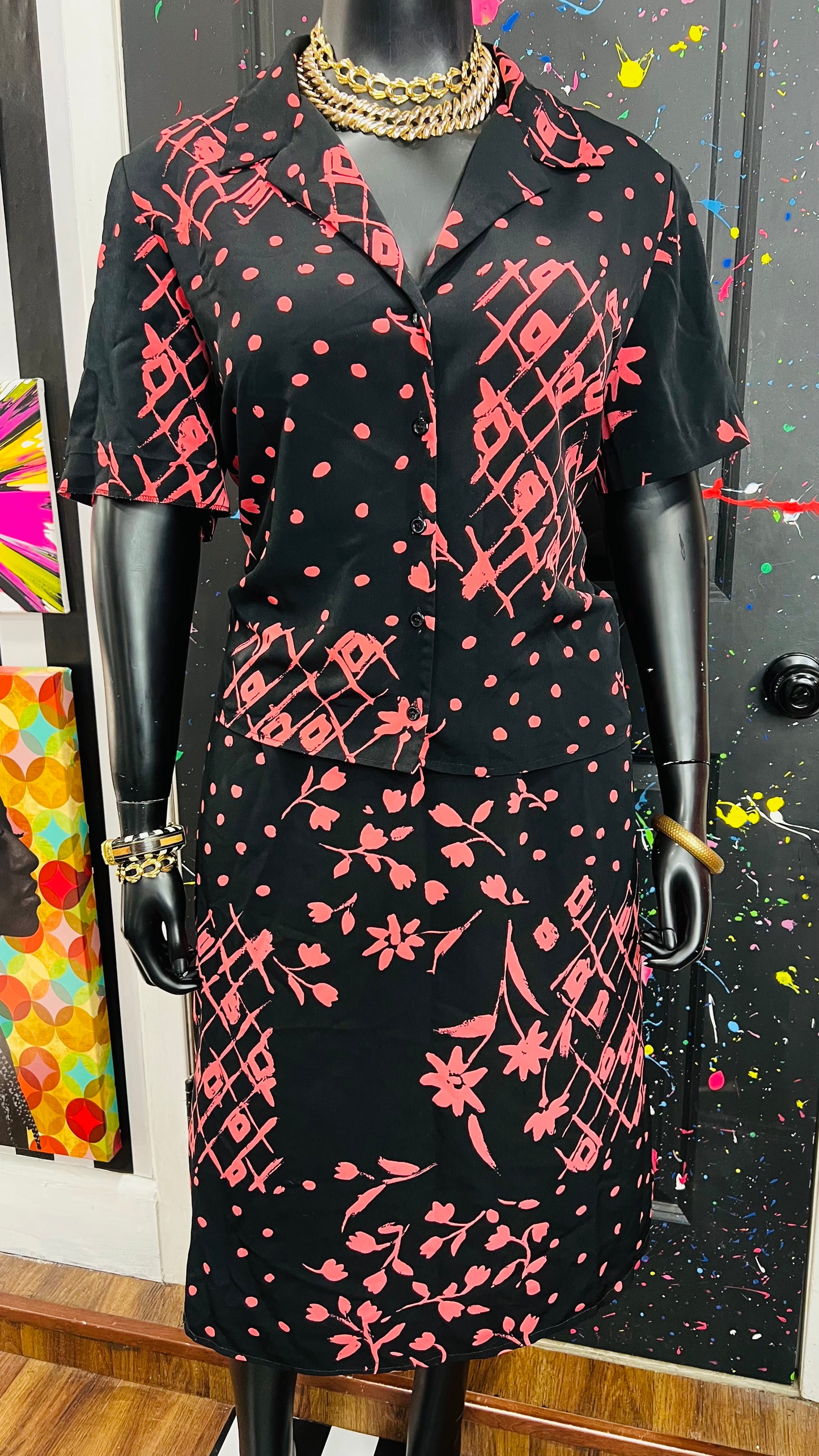 Vintage Pink, Black Polka Dot & Floral Skirt Set (18W)