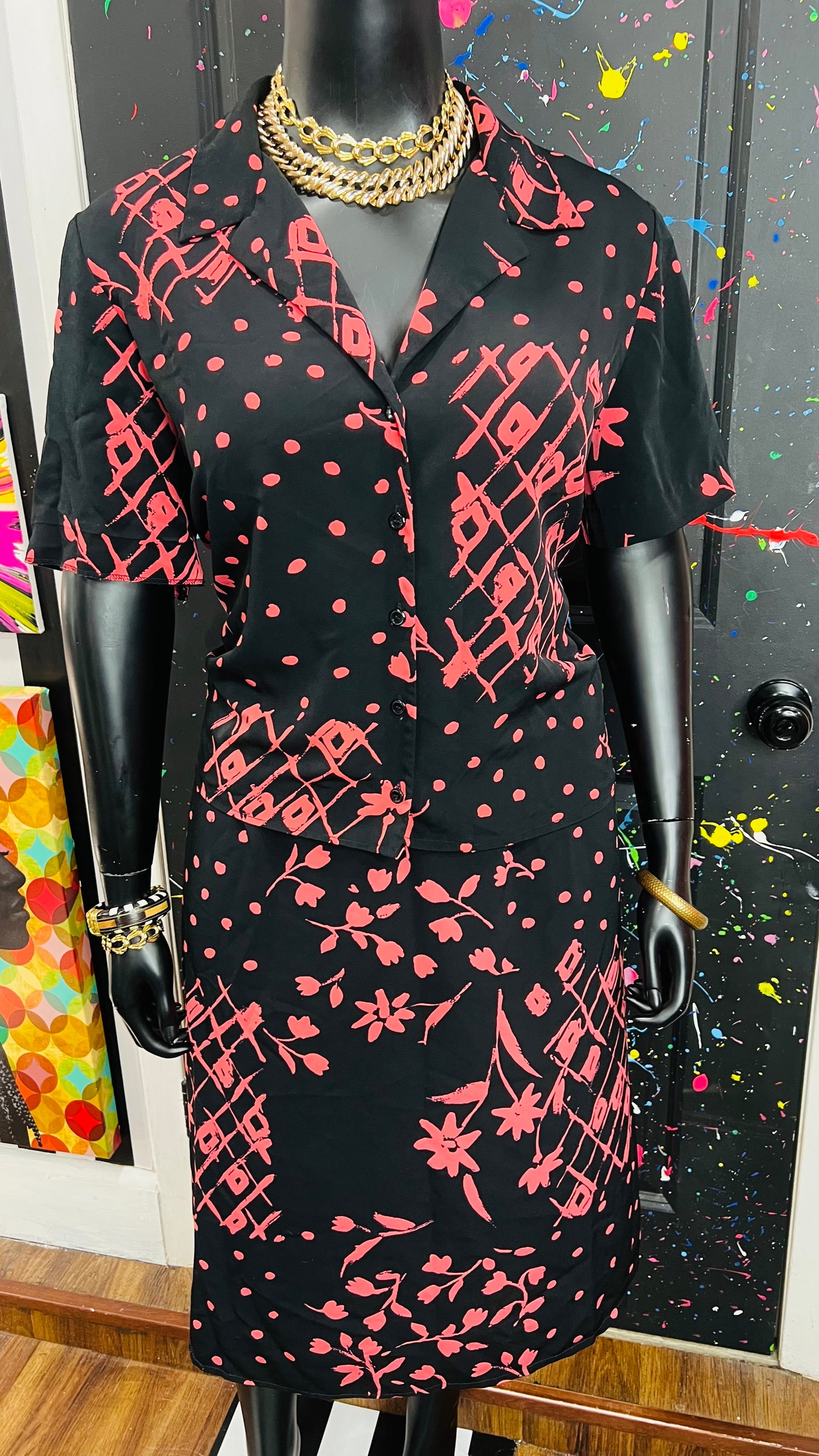 Vintage Pink, Black Polka Dot & Floral Skirt Set (18W)