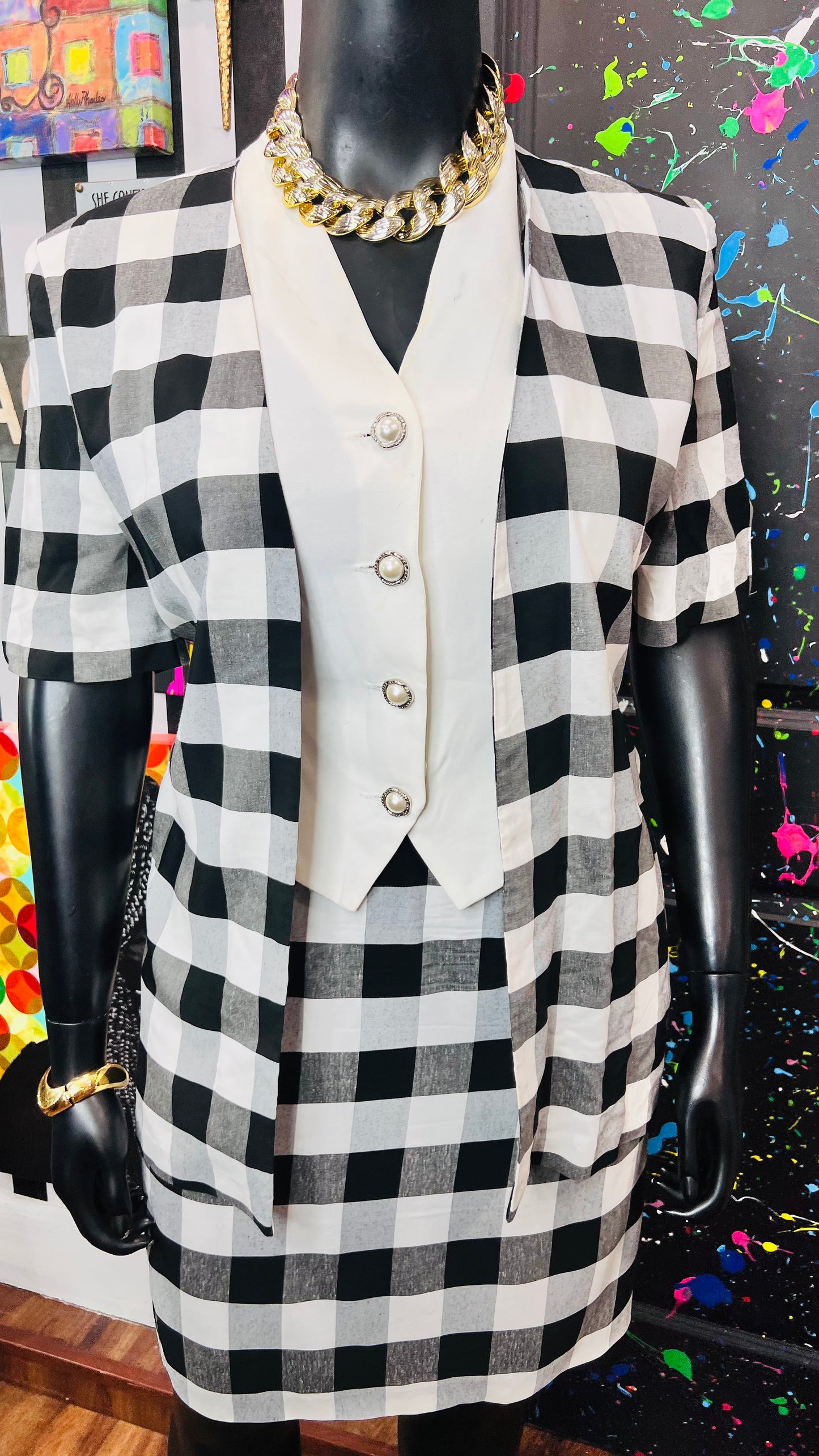 Vintage White & Black Checkered Skirt Suit (14)