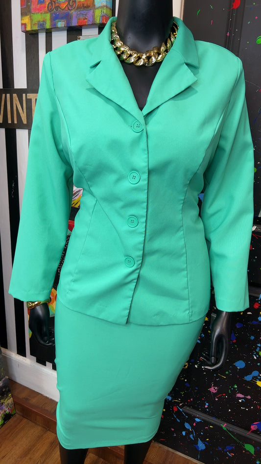 Vintage Teal Skirt & Blazer Suit (20W)