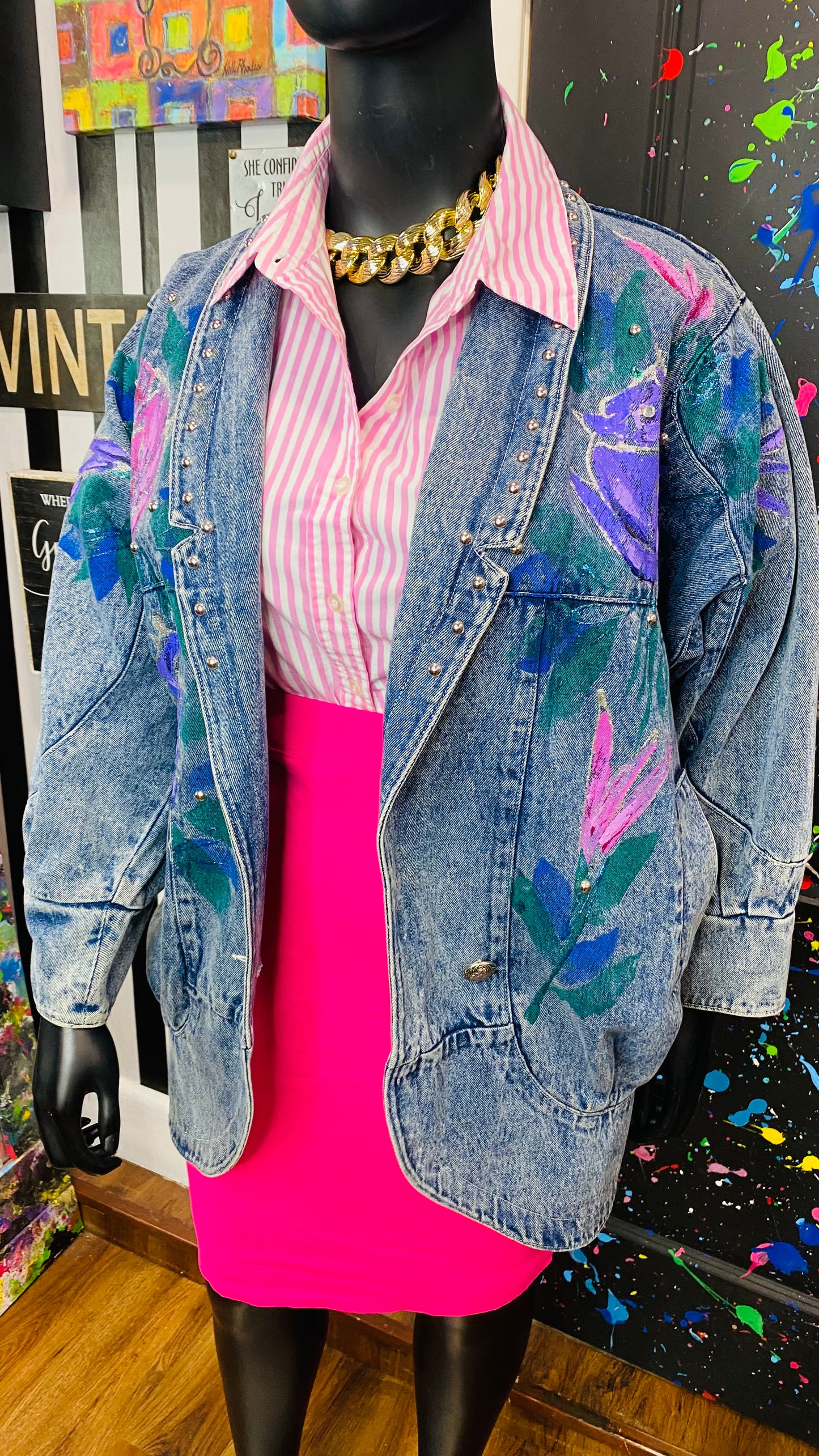Plus size Vintage Stone Wash Hand Painted Denim Jacket (14)