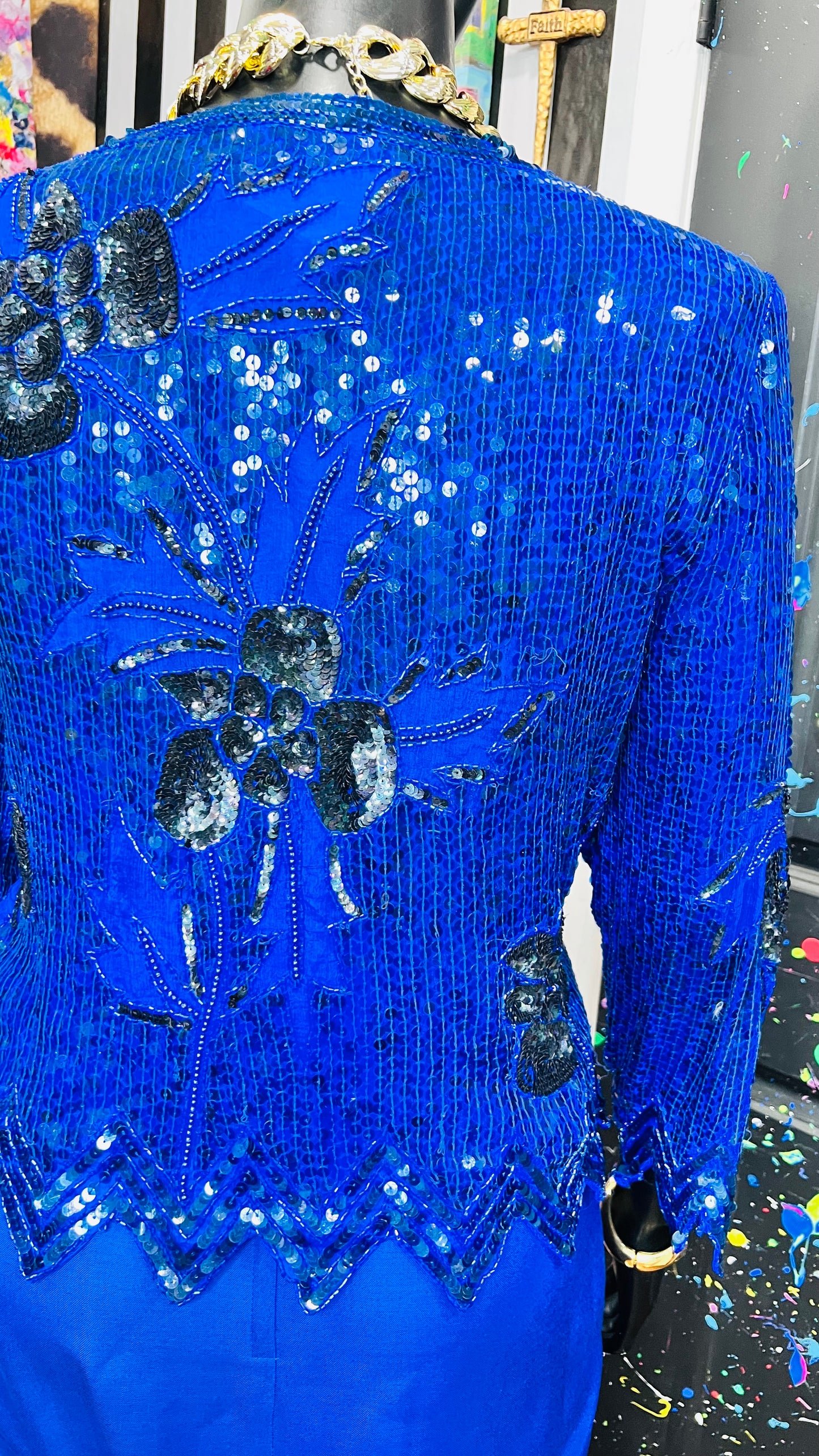 Vintage Blue & Black 100% Silk Sequin Blouse - Deadstock New w/Tags (18)