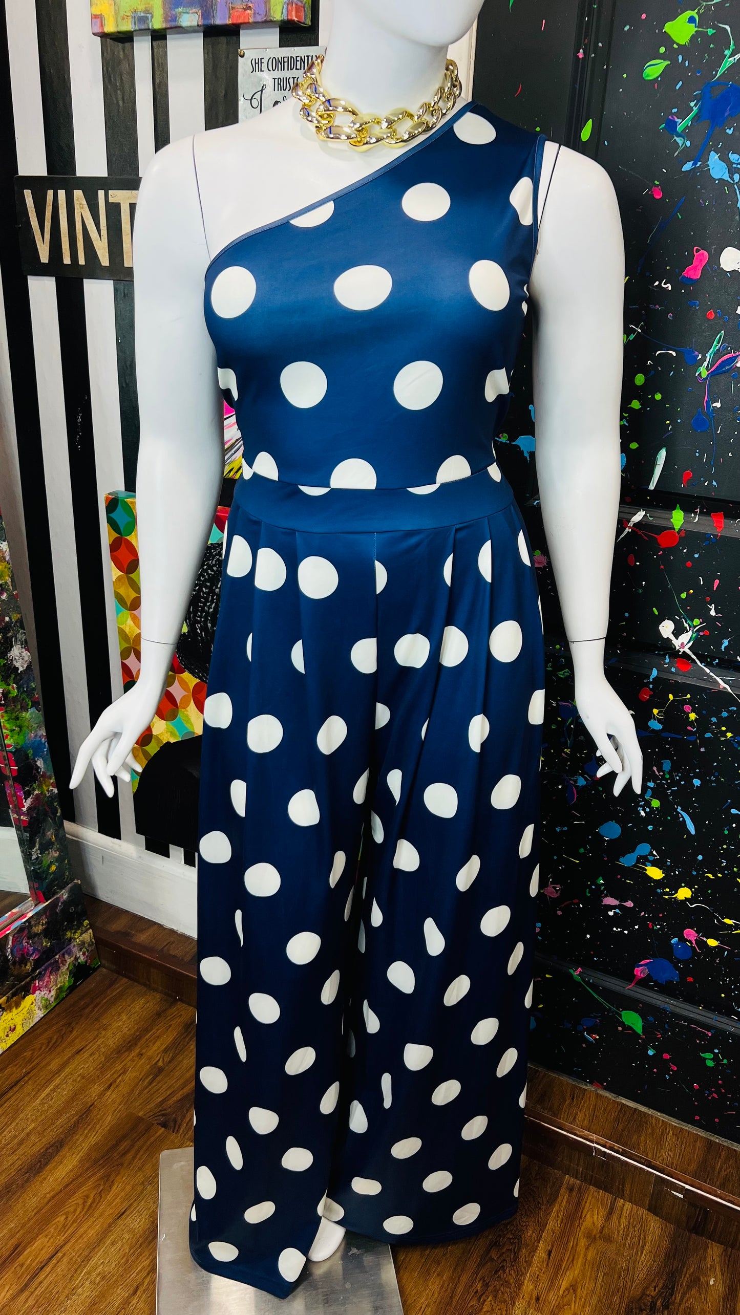 Vintage Inspired New w/ Tags Navy Blue & White Polka Dot Jumpsuit (18/20)