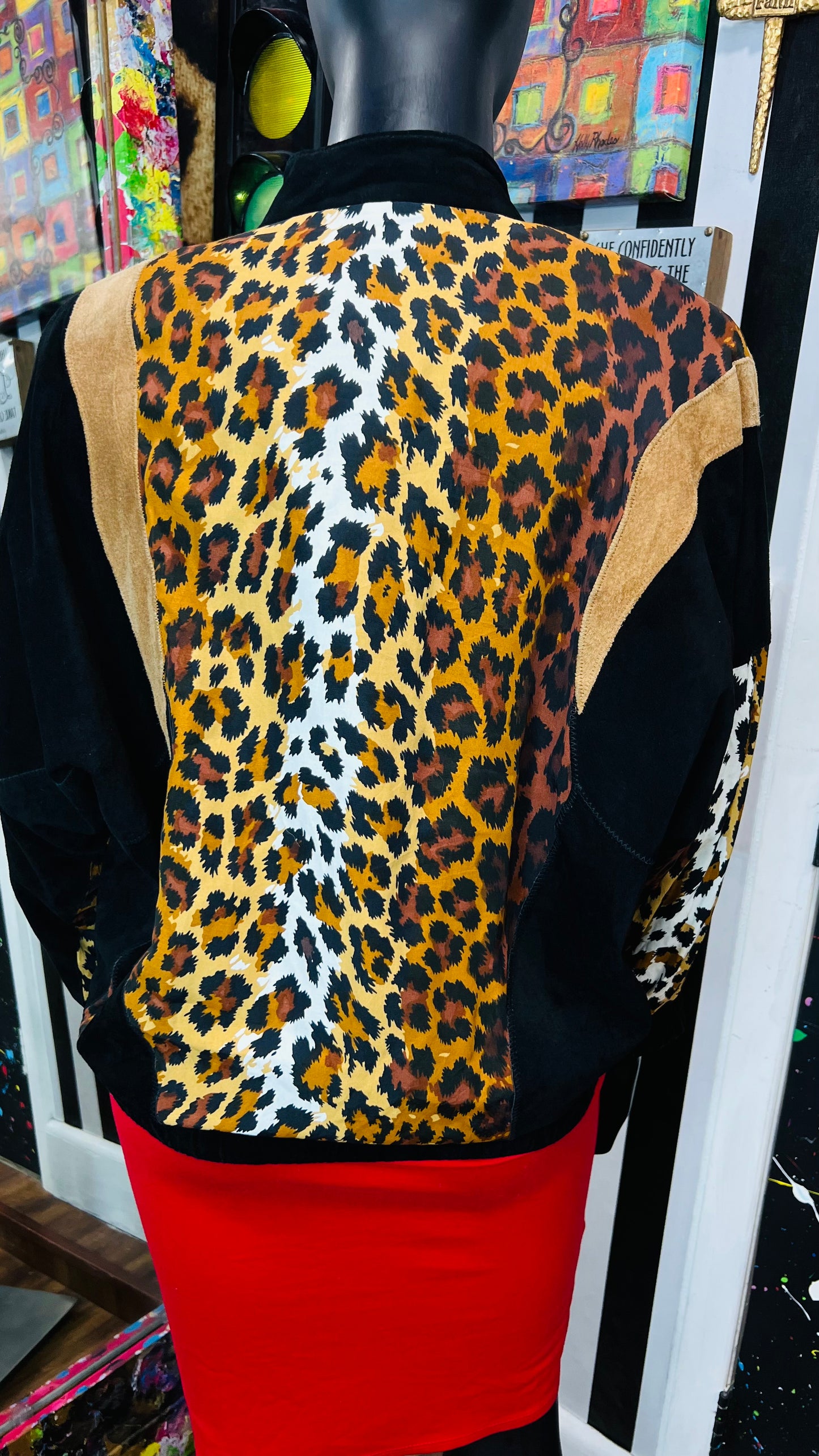 Vintage Genuine Suede Leather & Rayon Studded Animal Print Jacket (16/18)