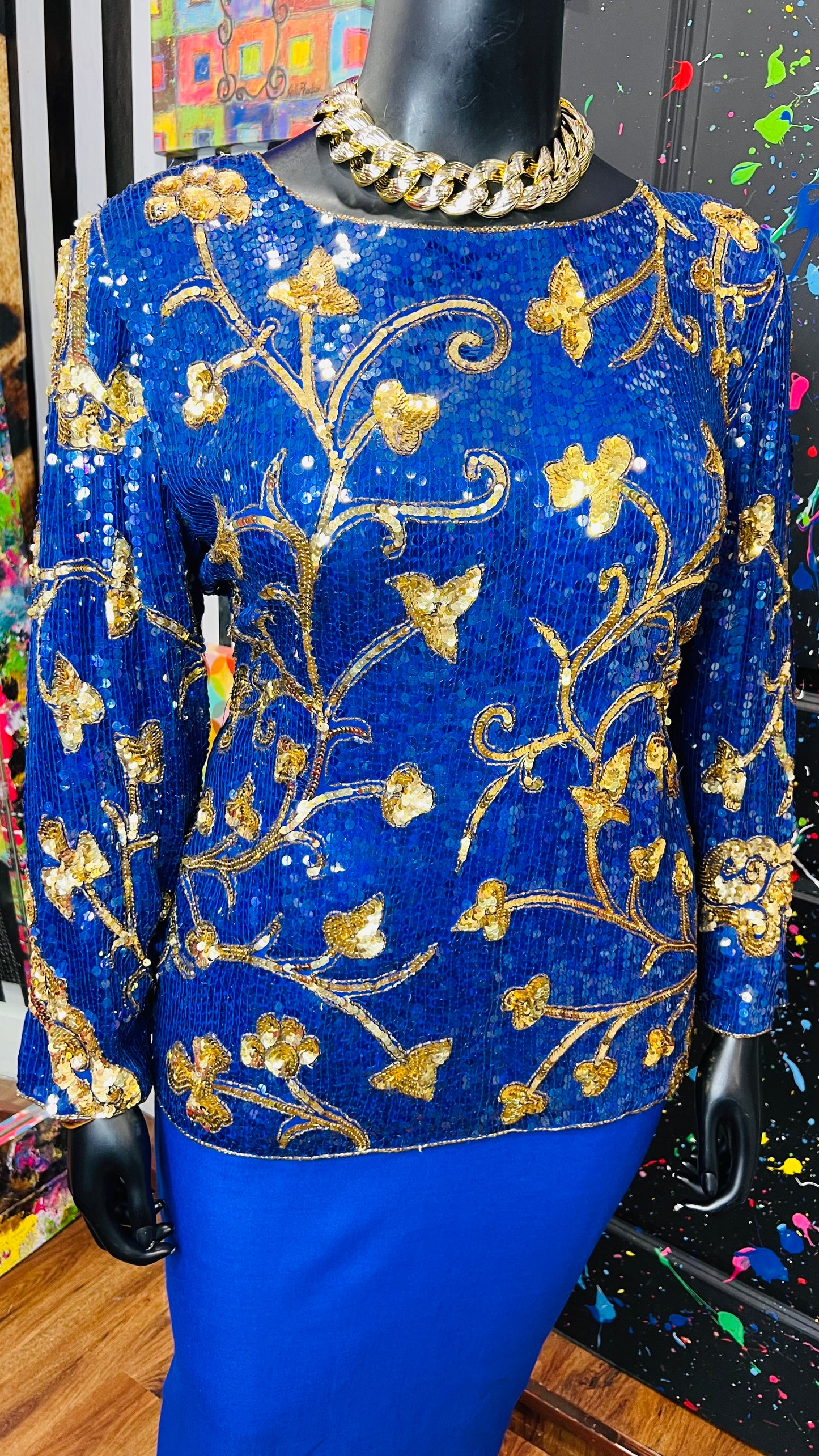Vintage Blue & Gold Sequin Blouse (14)