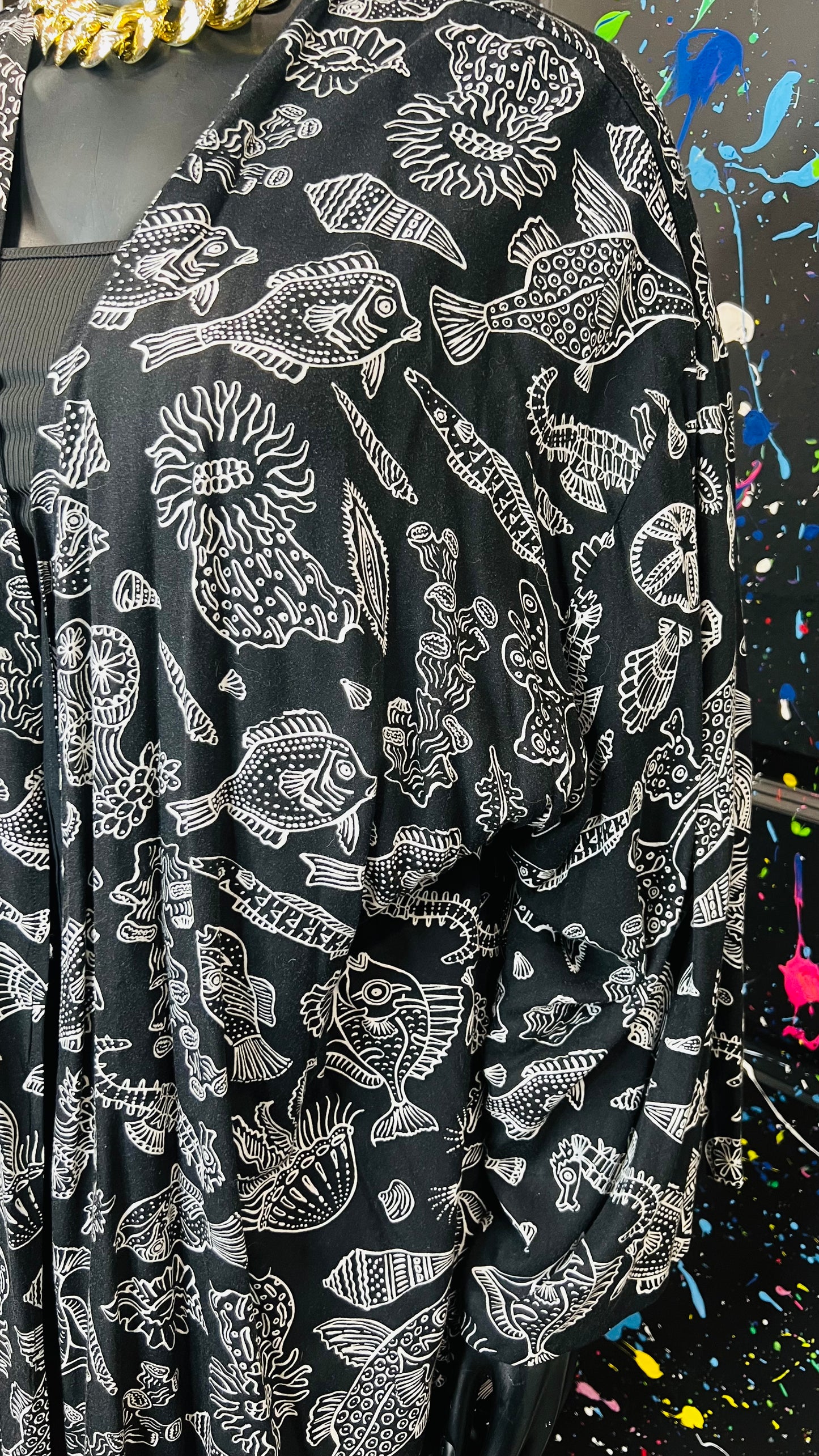 Vintage Fish Black & White Rayon Duster (OS)