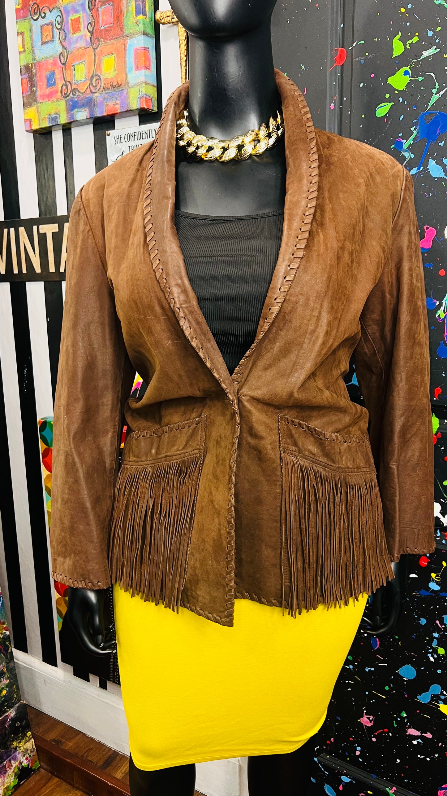 Vintage Genuine Leather Brown Fringe Blazer (18)