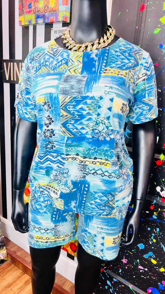 Vintage Cotton Blue Abstract Shorts Set (18)