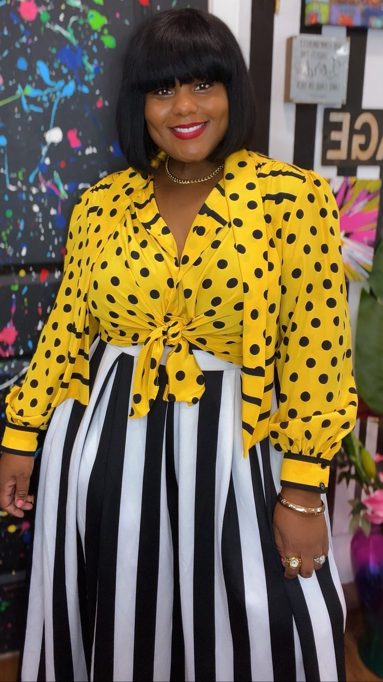 Vintage Yellow Stripes & Polka Dot Blouse (24W)